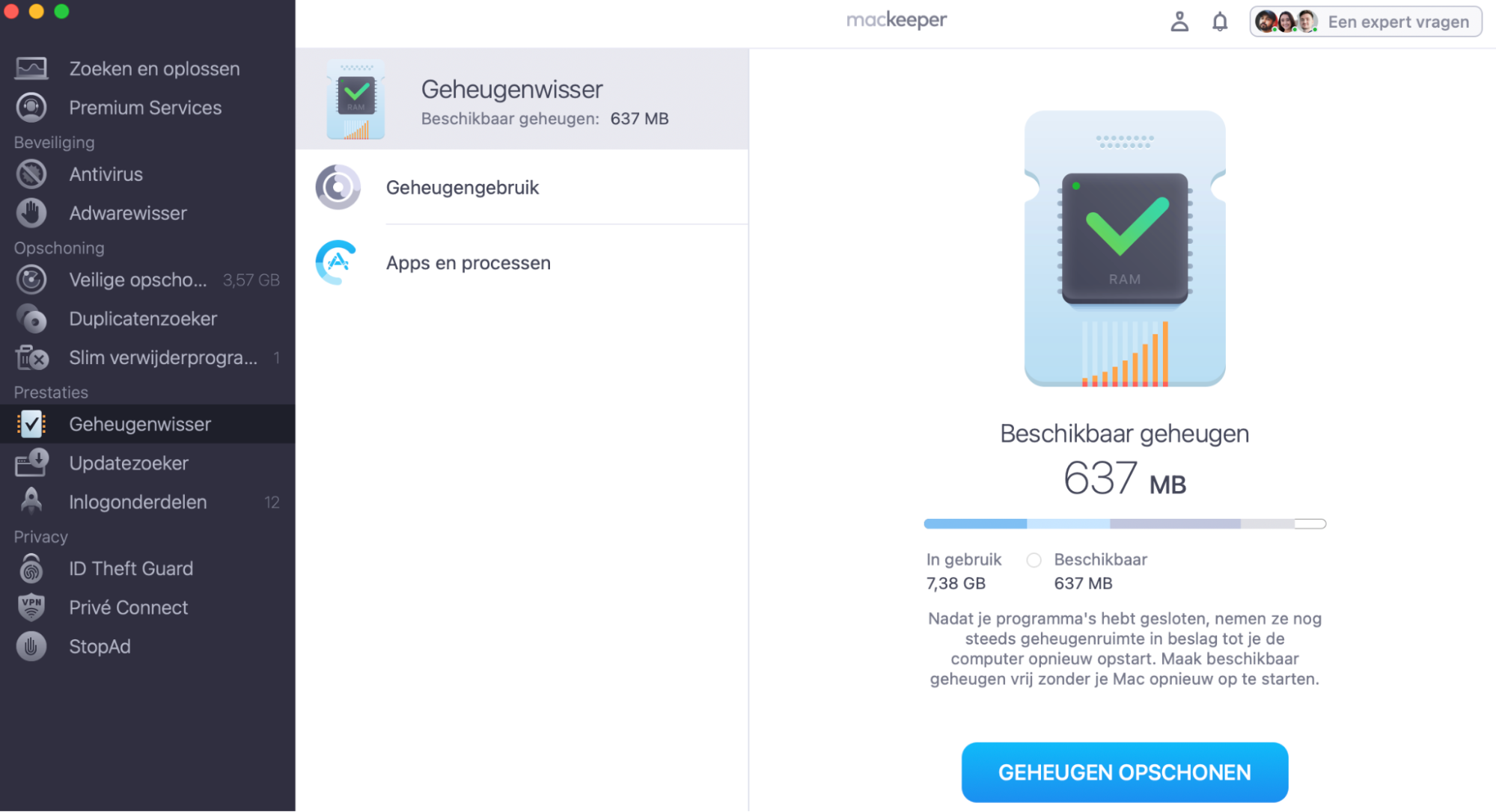 Je kunt ook de Geheugenwisser van MacKeeper gebruiken om actieve, problematische processen te stoppen. Klik vervolgens op de X naast de app om deze te beëindigen en klik op Stop.