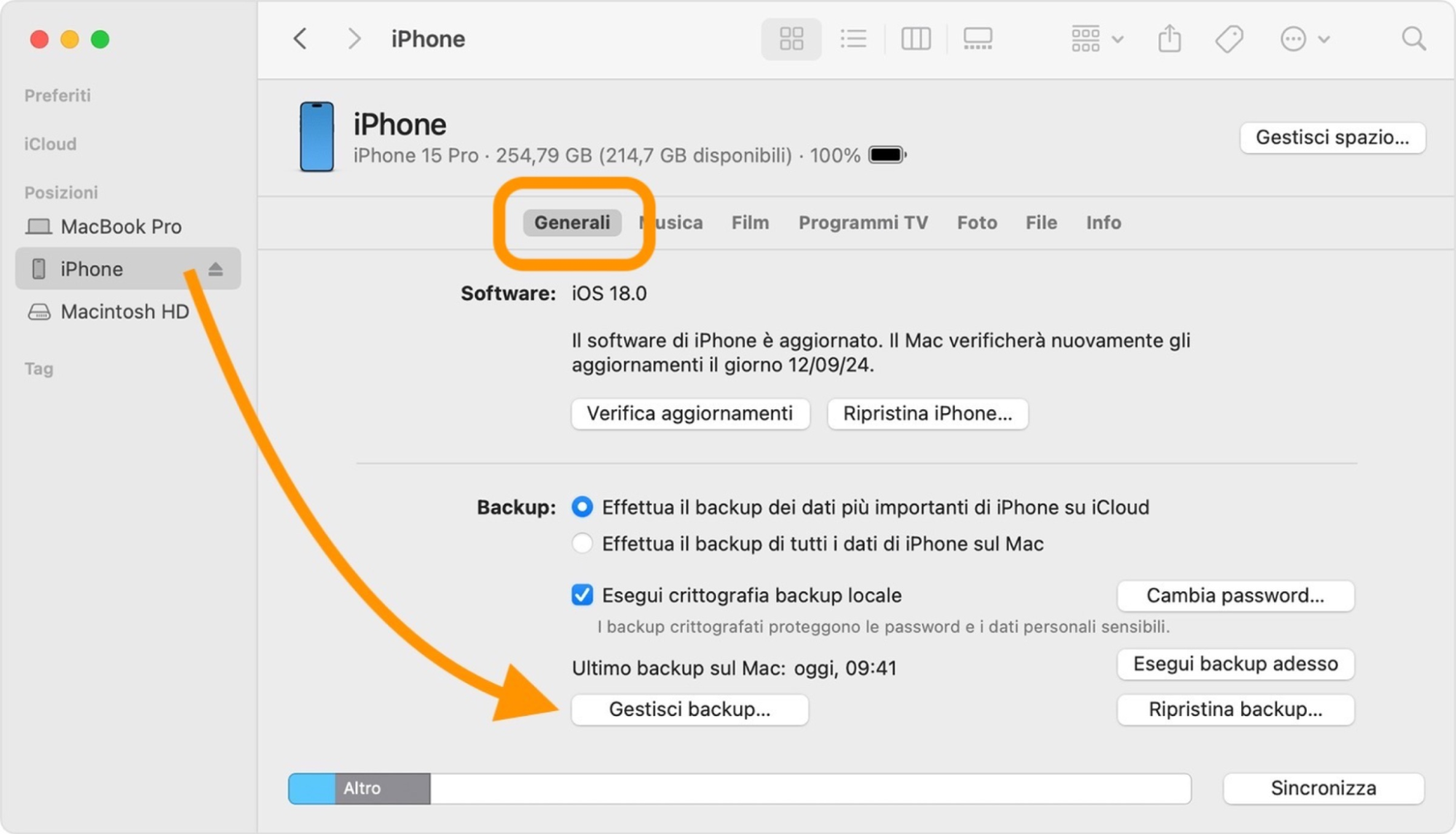 Per eliminare i backup del dispositivo iTunes, apri il Finder e clicca sul dispositivo iOS collegato. Da qui potrai cliccare su Gestisci Backup, che ti permetterà di Archiviare o Eliminare Backup per ridurre lo spazio di archiviazione accumulato nello spazio Altro.