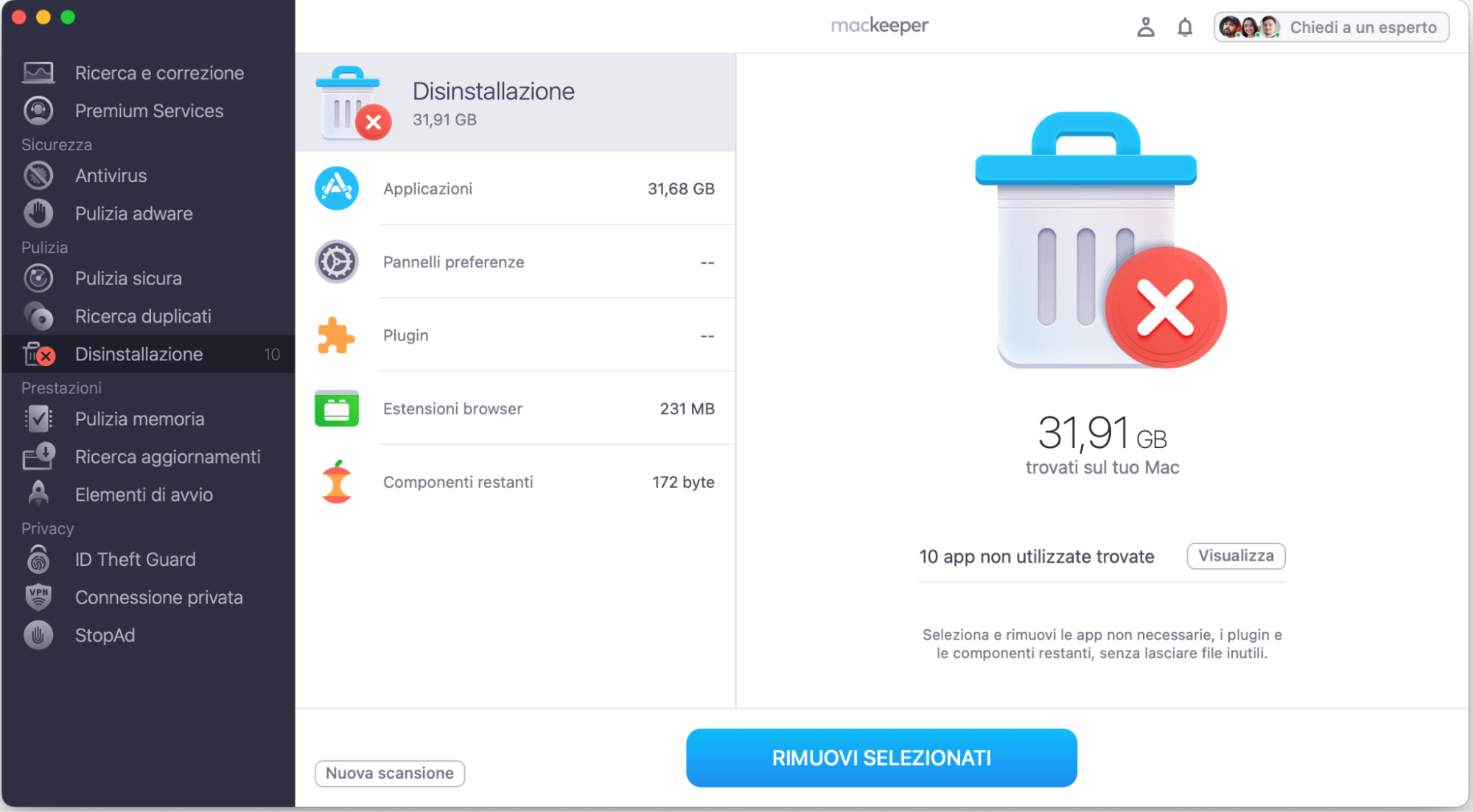 Per cercare le estensioni del browser sul tuo MacBook, nella finestra Disinstallazione aperta nell’app MacKeeper fai clic sul pulsante Avvia scansione e visualizza i risultati.