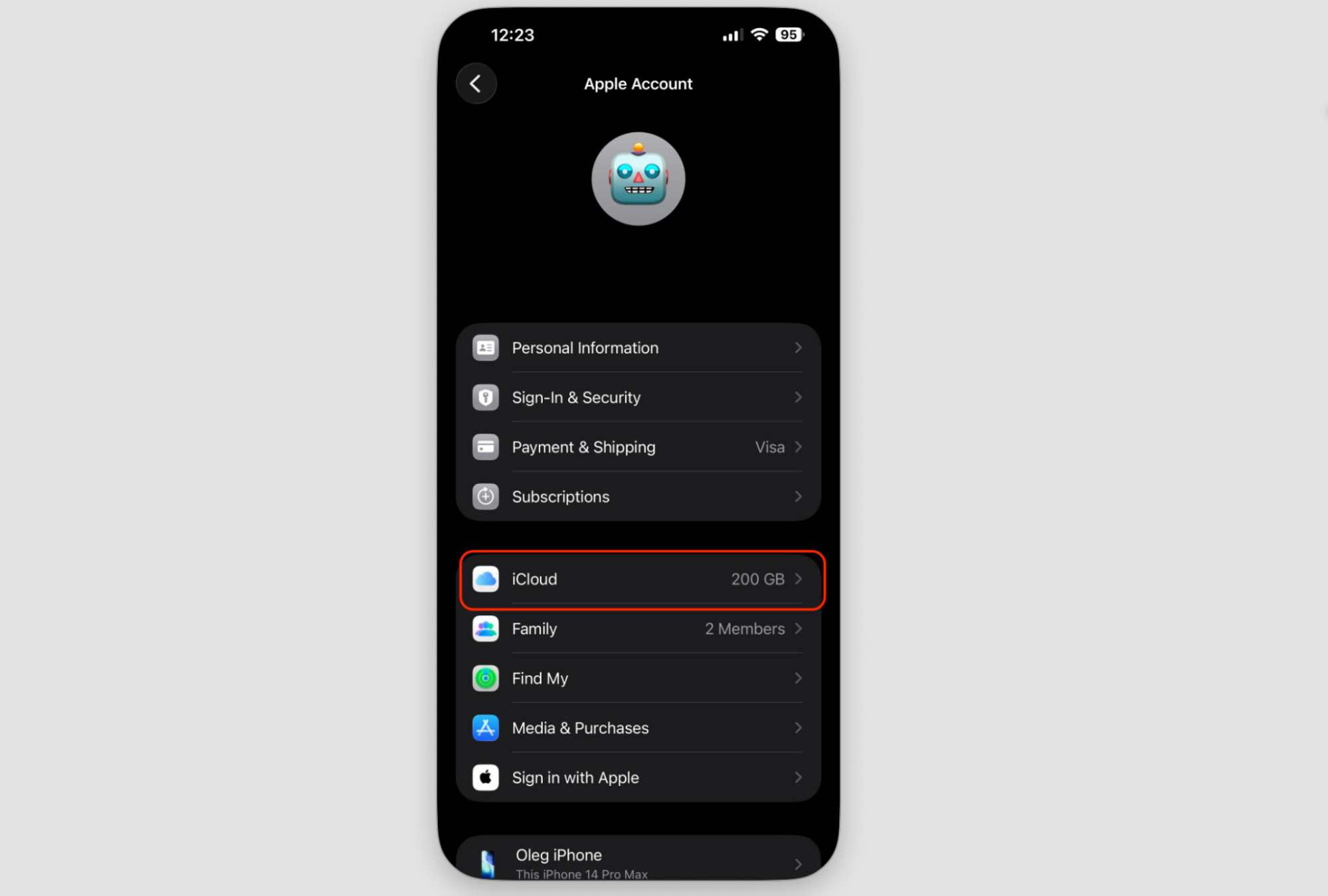 Apple Account screen in iPhone Settings with iCloud selected, opening iCloud storage to remove old device backups from your Apple device.