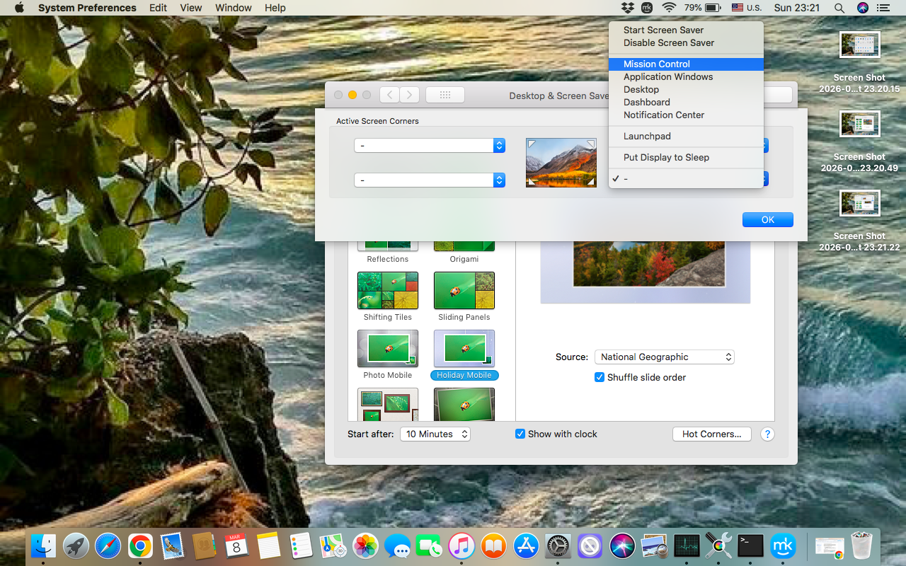 In the Desktop menu, scroll down, and click the Hot Corners button, then choose the Screen Corner you prefer, add Mission Control, and click Ok to complete the settings.