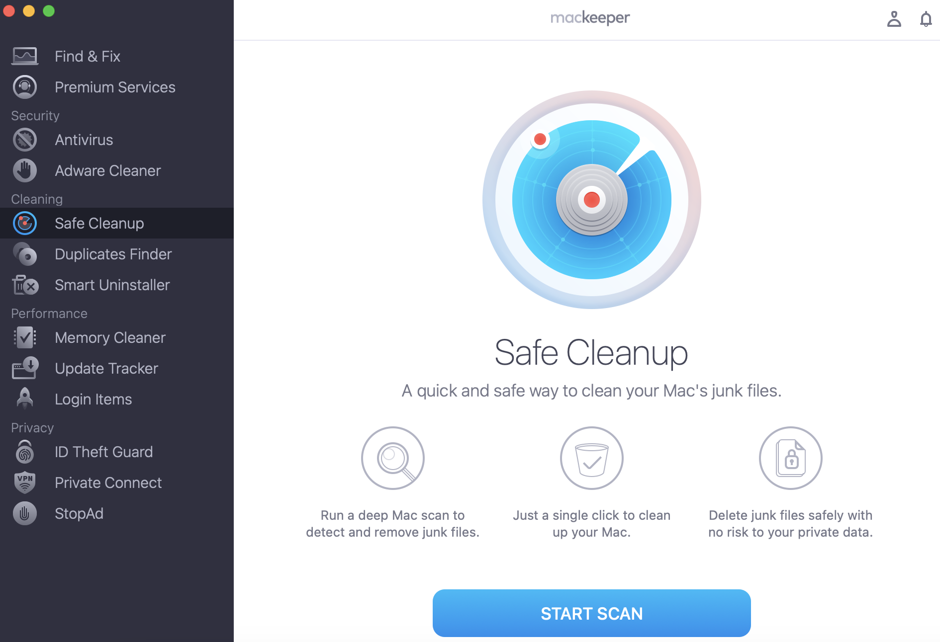 To quickly and safely remove all the hidden junk from your Mac, choose the Safe Cleanup and click Start Scan.