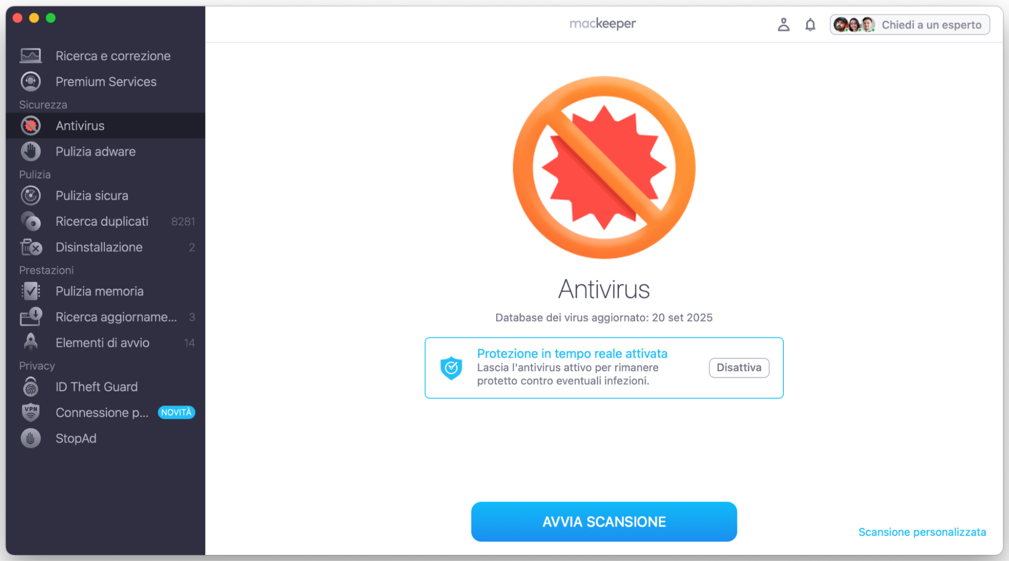 Per proteggere il tuo Mac da malware, avvia MacKeeper, seleziona Antivirus e clicca sul pulsante Avvia scansione.