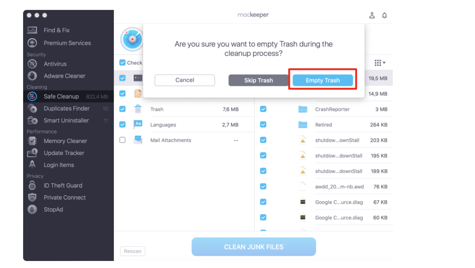 MacKeeper offers the chance to empty your Trash folder on macOS Monterey during the cleanup process. To do this and permanently delete caches, select Empty Trash.