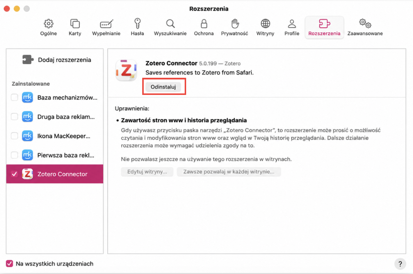 Aby usunąć rozszerzenie z Safari, kliknij Safari na górnym pasku, wybierz kartę Rozszerzenia Safari, następnie Odinstaluj. Jeśli pojawi się opcja Pokaż w Finderze, usuń plik rozszerzenia i opróżnij Kosz.