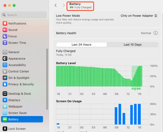 To check your Mac's battery health when your laptop is running, choose System Settings in the Apple menu, t select Battery section from the left sidebar, and get an overview.