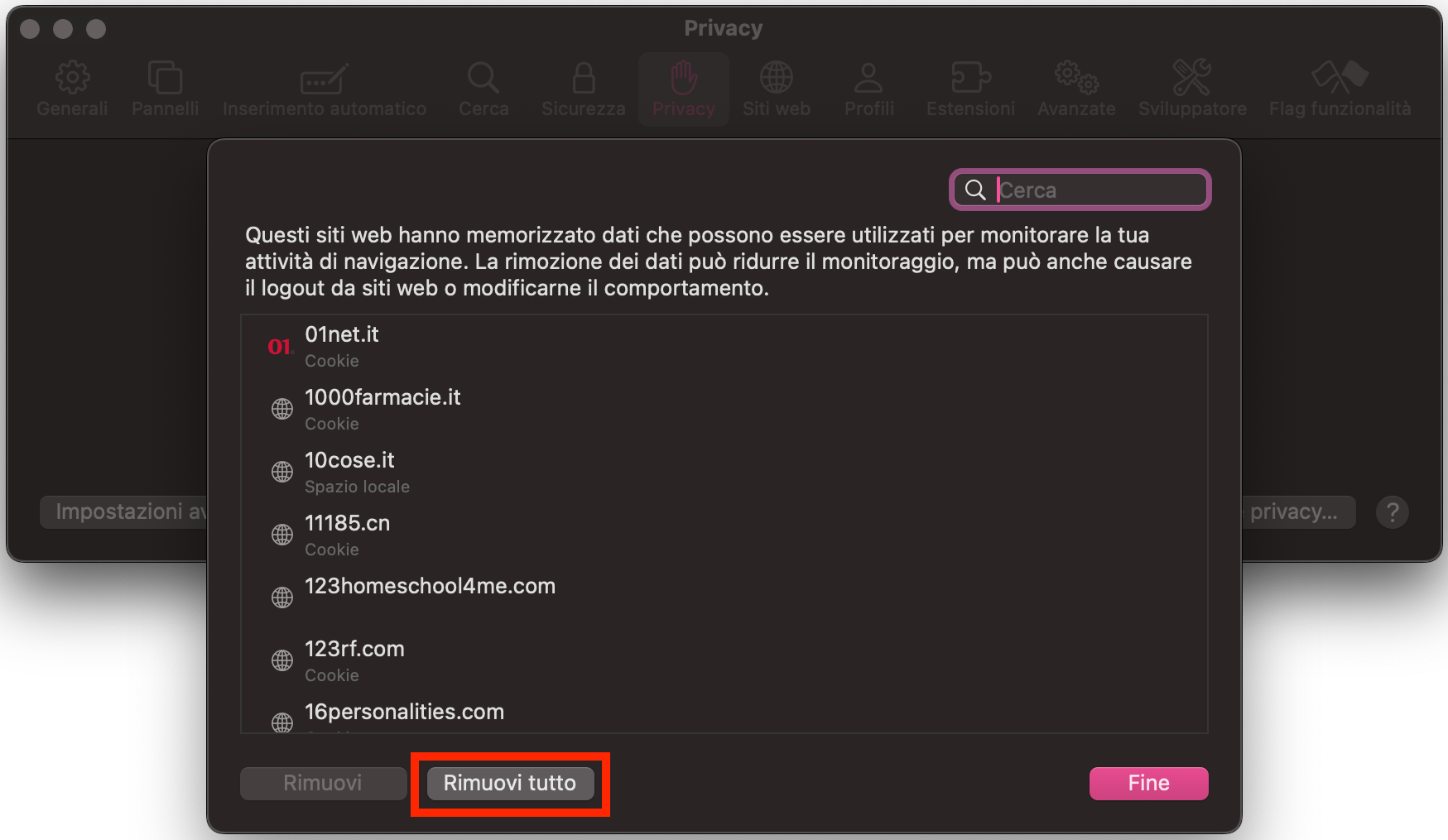 Clicca su Rimuovi tutto per avviare il processo di eliminazione dei dati memorizzati dal browser.