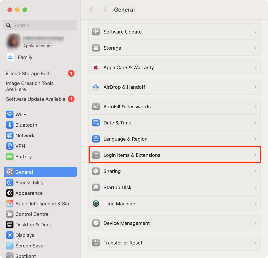 To delete login items on a Mac, go to Login Items & Extensions from the General section.
