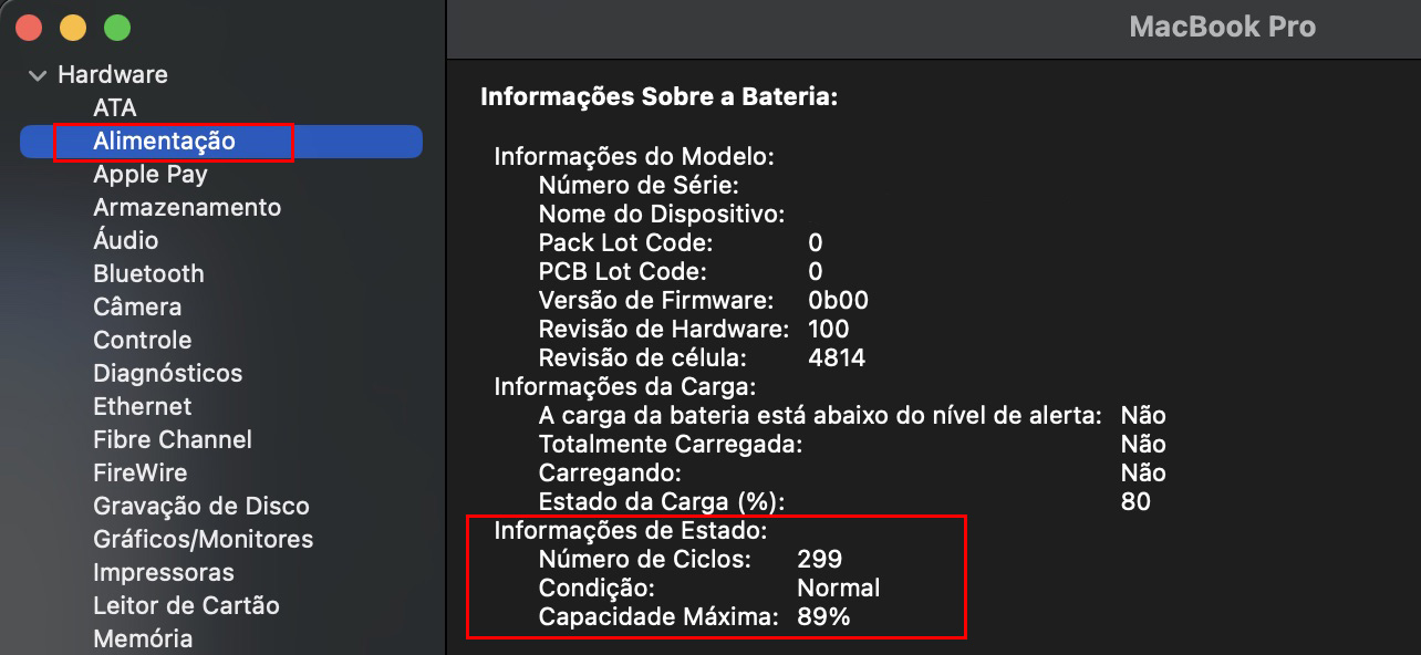 No Relatório do Sistema do Mac, as informações de Alimentação de um MacBook são exibidas. Verifique em Informações de Estado para conferir a condição da bateria.