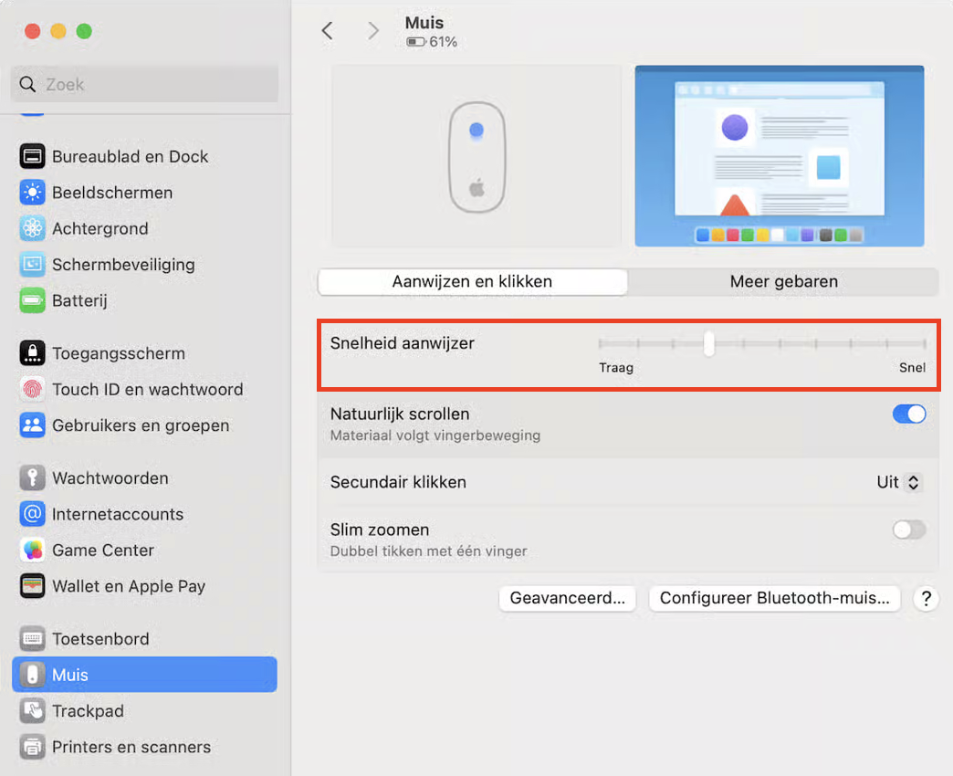 Als de Magic Mouse niet goed reageert, pas dan de trackingsnelheid aan in macOS. Dit vind je via Systeeminstellingen > Muis. Verplaats de schuifregelaar naar een positie tussen Traag en Snel.