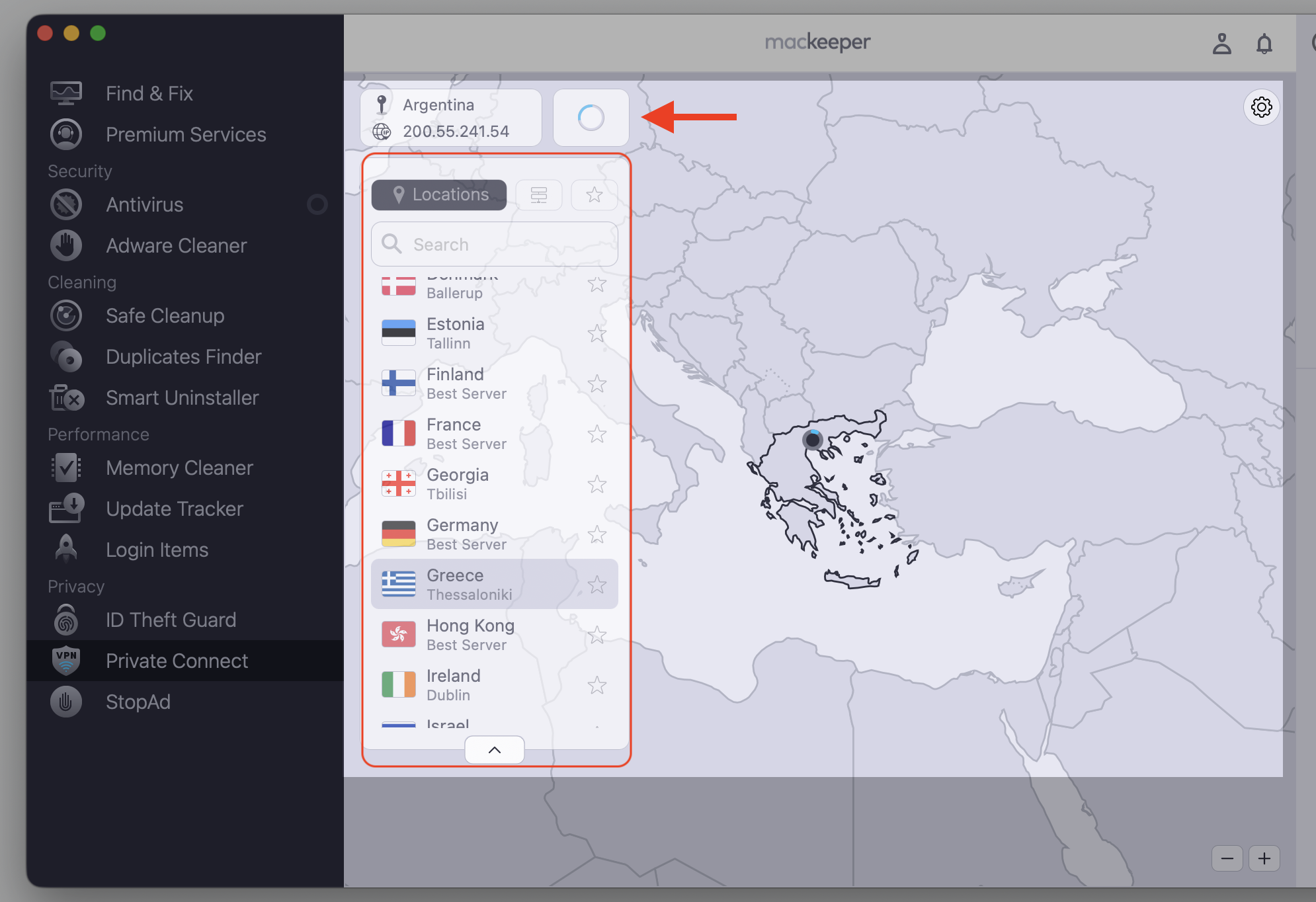 Selecting a VPN server location in MacKeeper's Private Connect on a MacBook, picking a country before the secure connection finishes establishing.