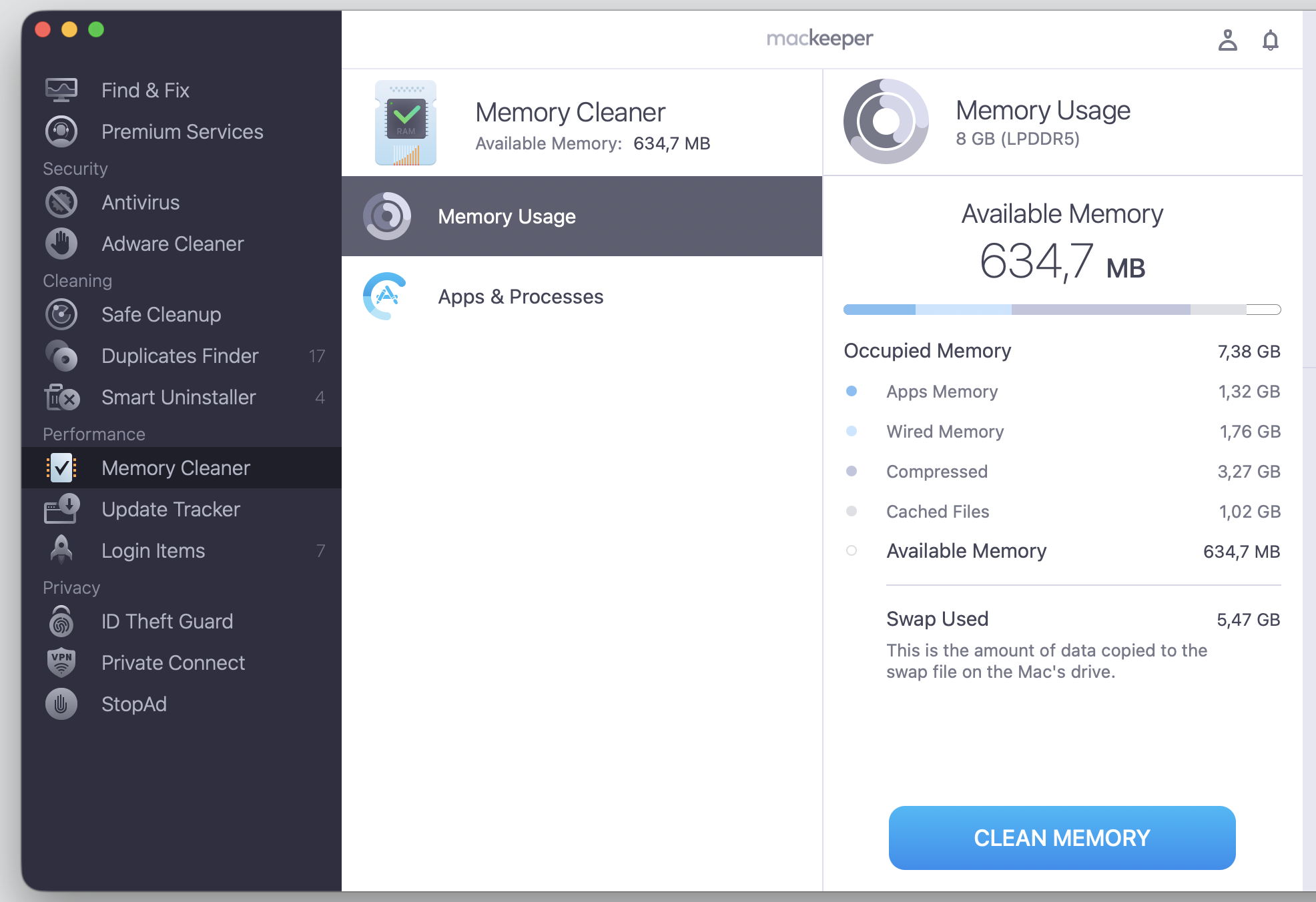 MacKeeper's Memory Cleaner window on macOS showing Memory Usage stats, with a Clean Memory button to free up RAM on your Apple computer.