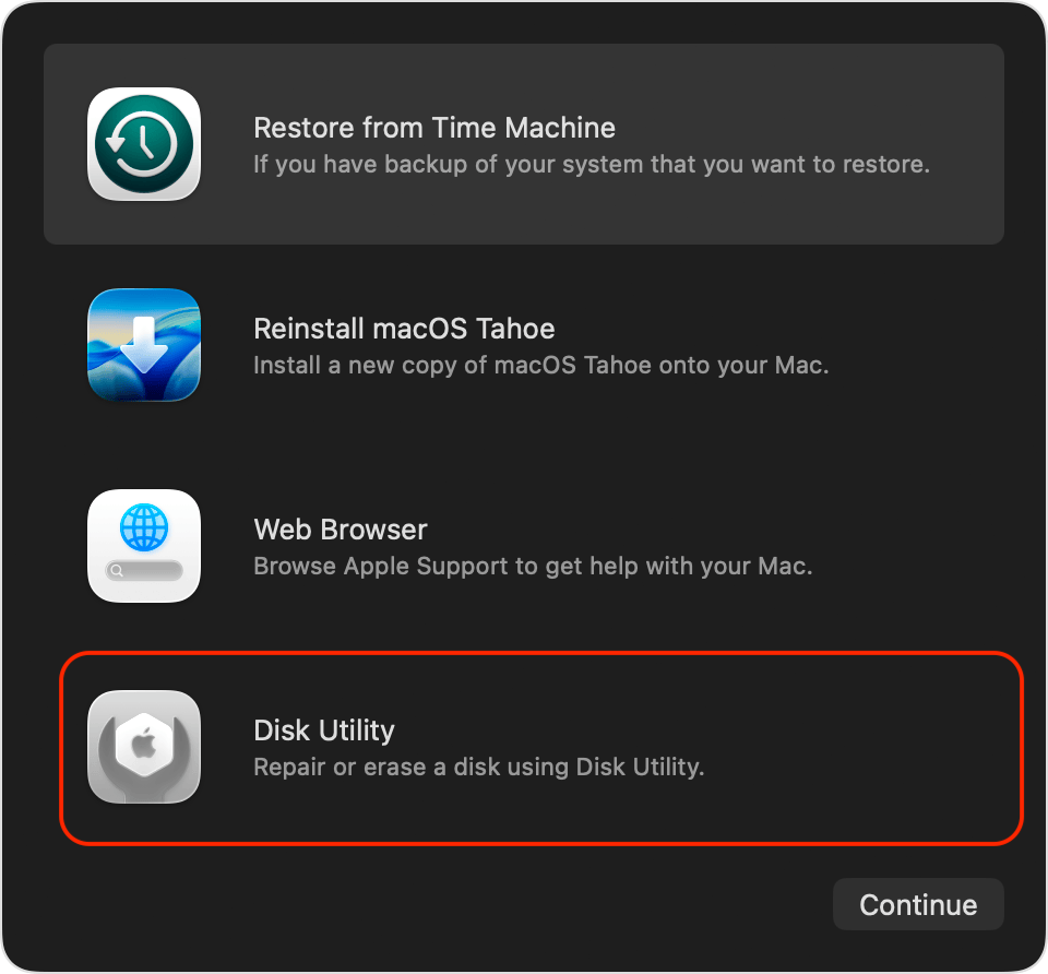 macOS Recovery app window on an Apple computer with Disk Utility selected and the Continue button to open it before erasing the disk.