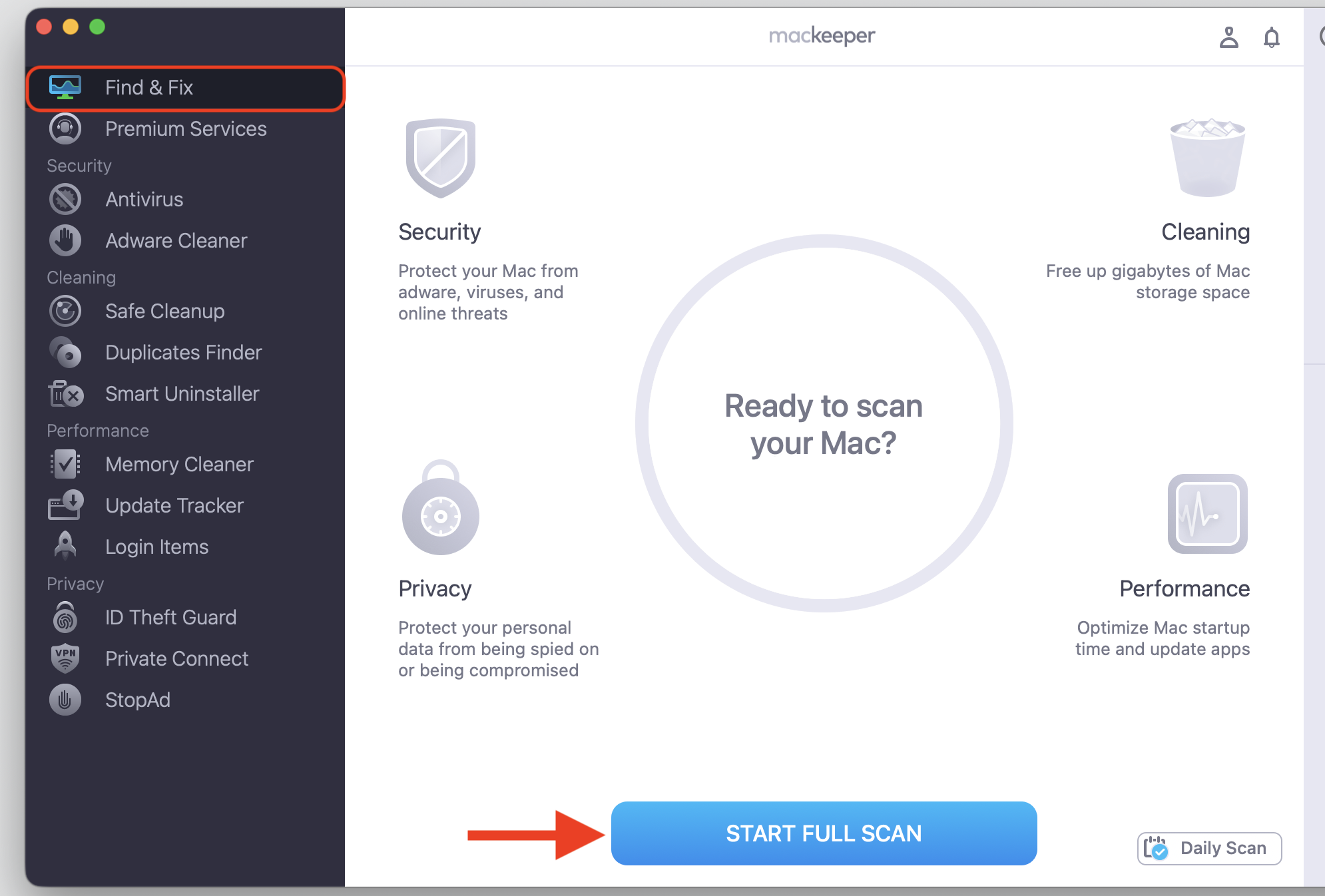 MacKeeper's Find & Fix tab open on a MacBook, showing the Ready to scan your Mac screen with the Start Full Scan button highlighted in blue