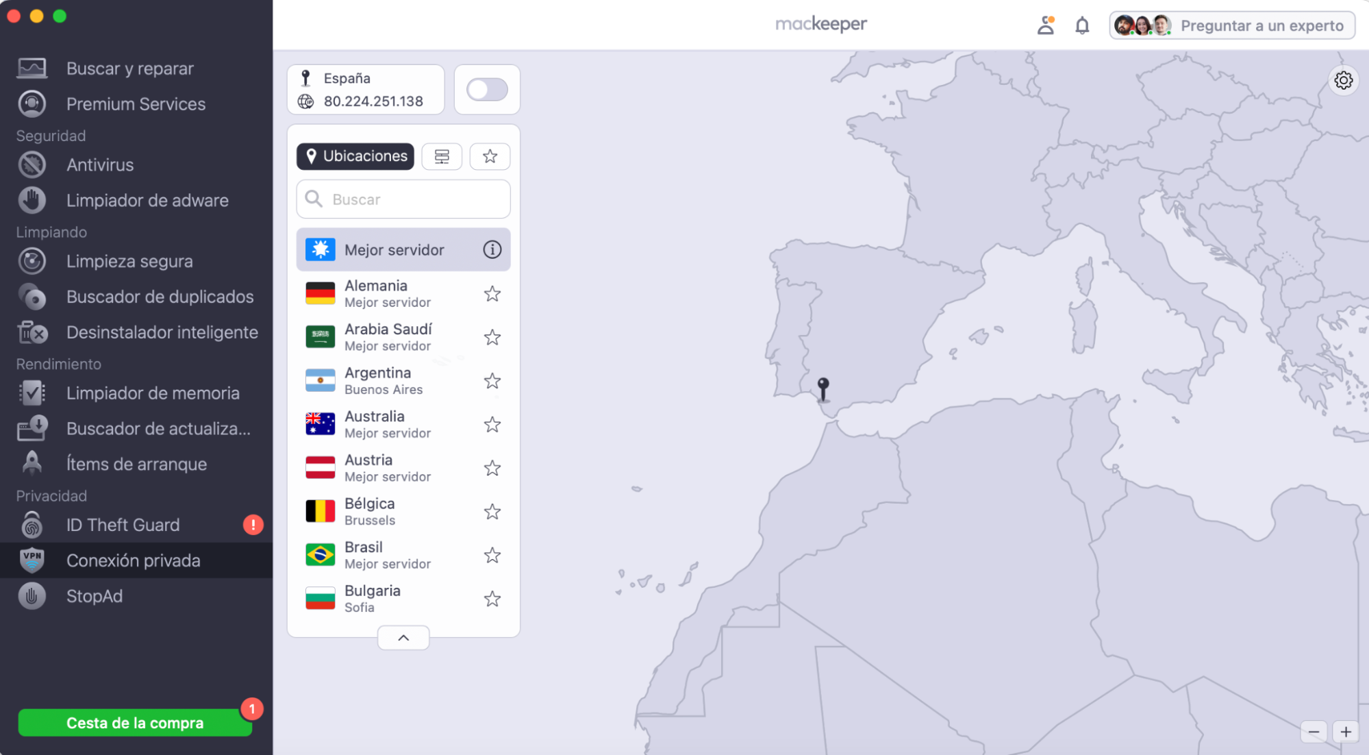 Haz clic en el menú desplegable si buscas un servidor VPN en una ubicación específica o seleccione la opción «Mejor servidor» para que MacKeeprs VPN le conecte al mejor servicio disponible.