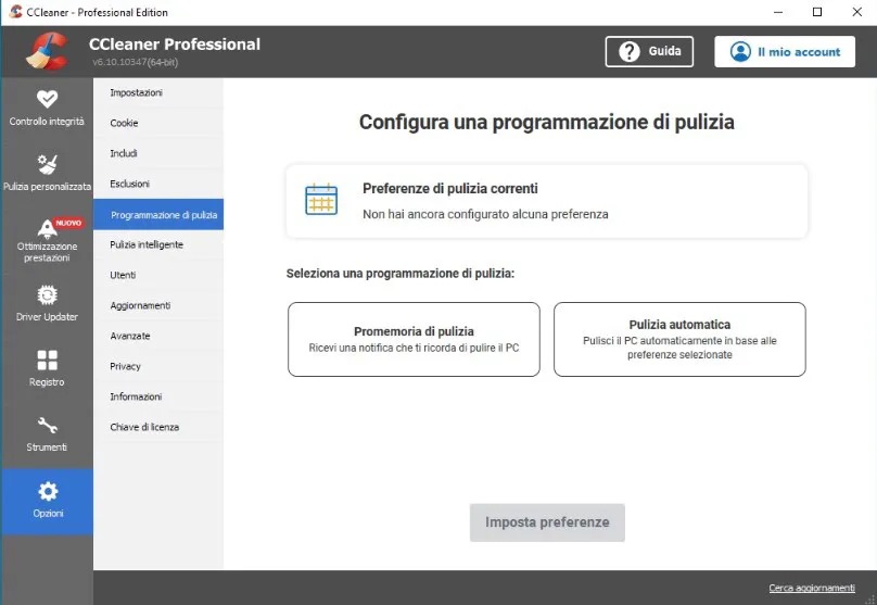 Pianifica la pulizia con CCleaner per mantenere il tuo PC in perfette condizioni 24 ore su 24. Puoi scegliere una pianificazione giornaliera, mensile e settimanale. Questa funzione funziona solo su Windows.