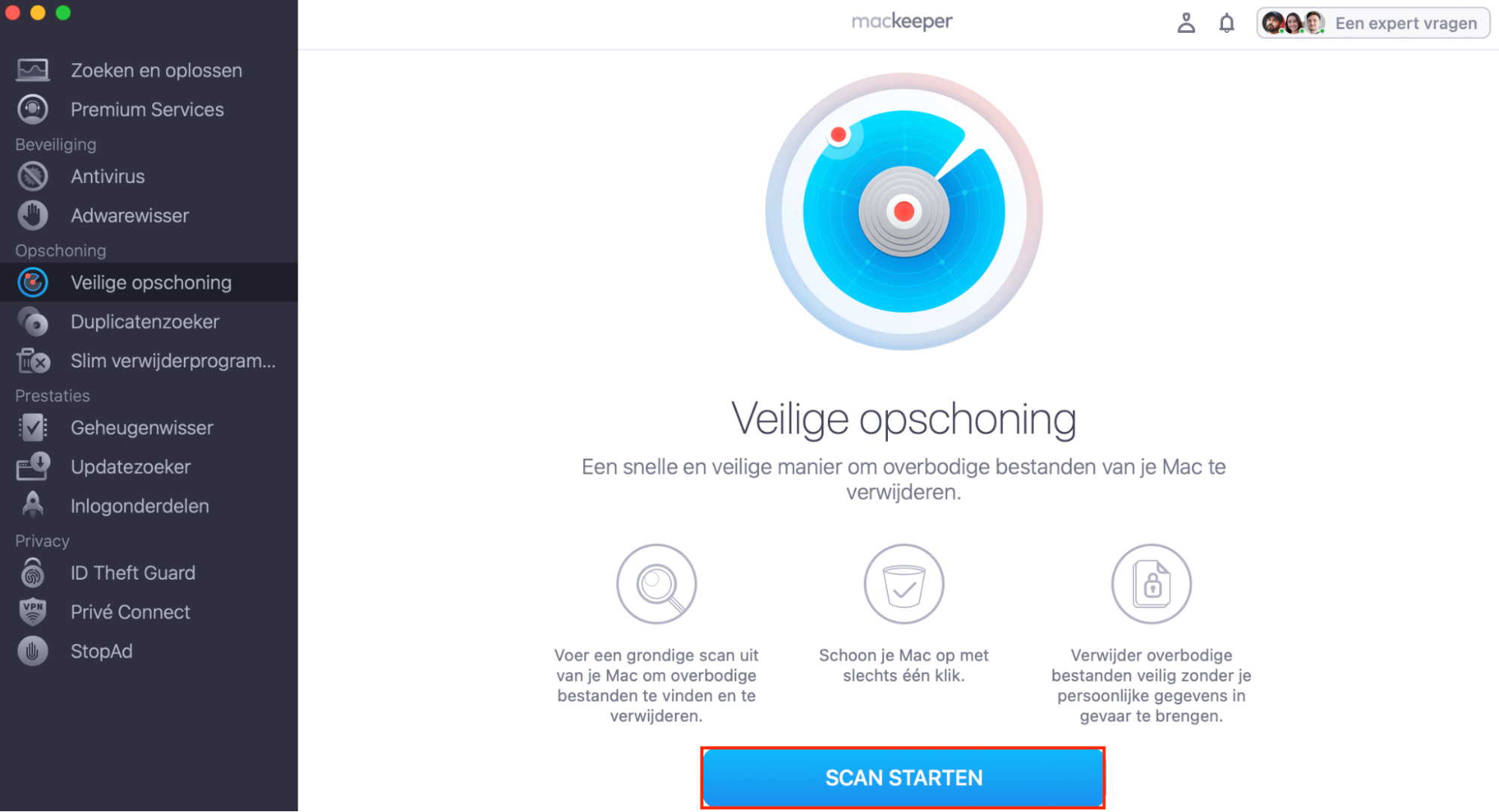 Start een scan in MacKeepers oplossing Veilige opschoning om te zoeken naar bestanden die verwijderd moeten worden. Je kunt ook caches en meer verwijderen.