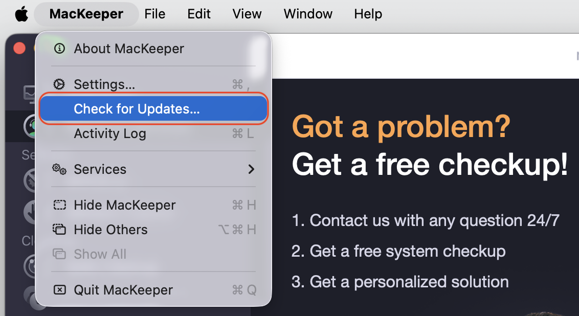 MacKeeper's menu on a MacBook with Check for Updates selected, keeping the app current to limit codesign high CPU usage on macOS.