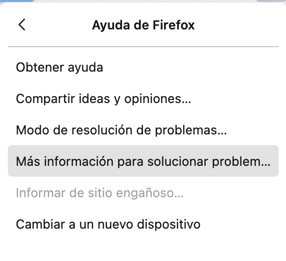 El menú Ayuda de Firefox, con Más información para solucionar problemas resaltada. Cómo solucionar servicio de cuentas quiere usar el llavero de inicio de sesión.