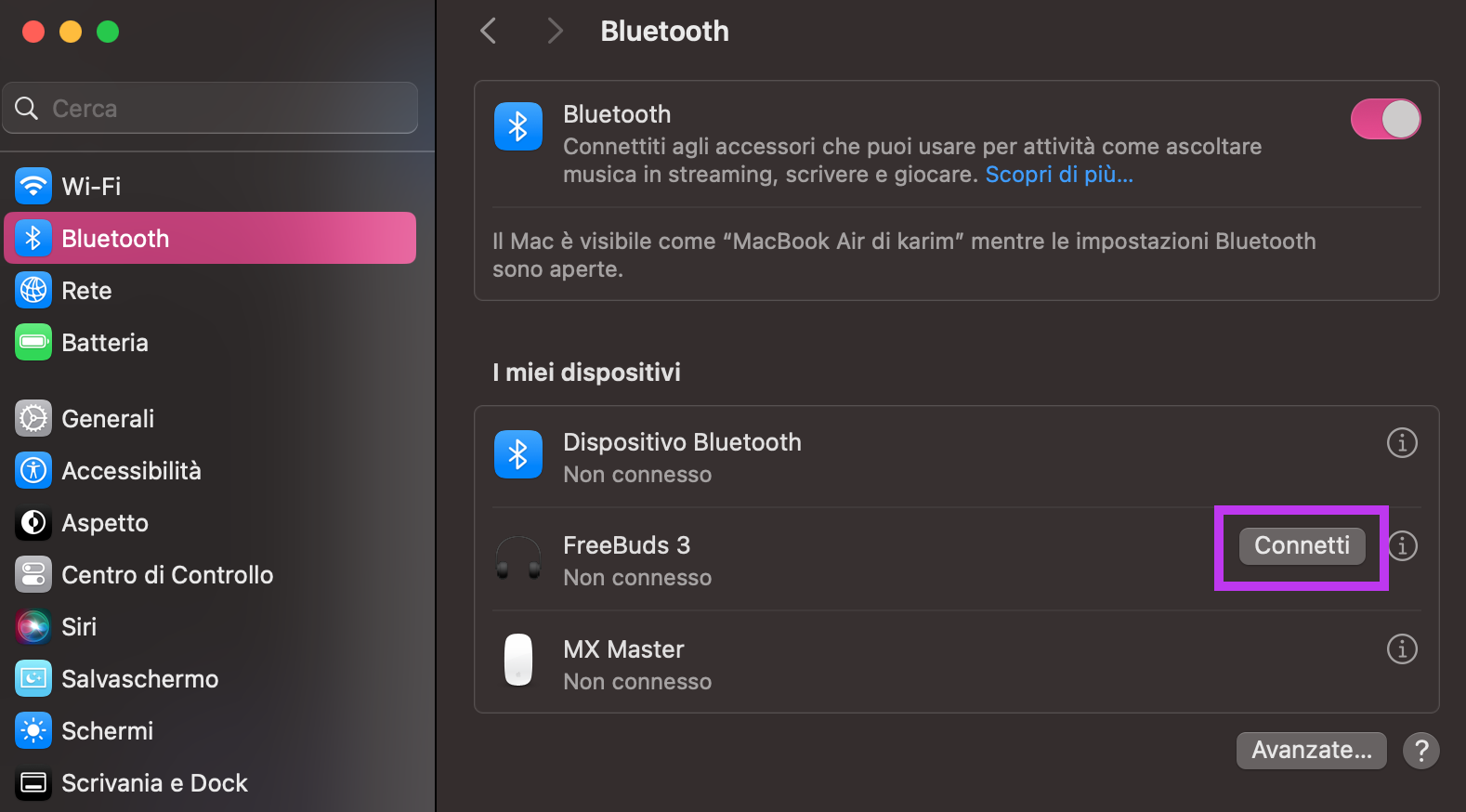 Per associare un dispositivo Bluetooth al Mac, trovalo nell’elenco e fai clic su Connetti accanto ad esso. (Potrebbe essere richiesto di inserire una serie di numeri per avviare l’associazione oppure di fare clic su Accetta.)