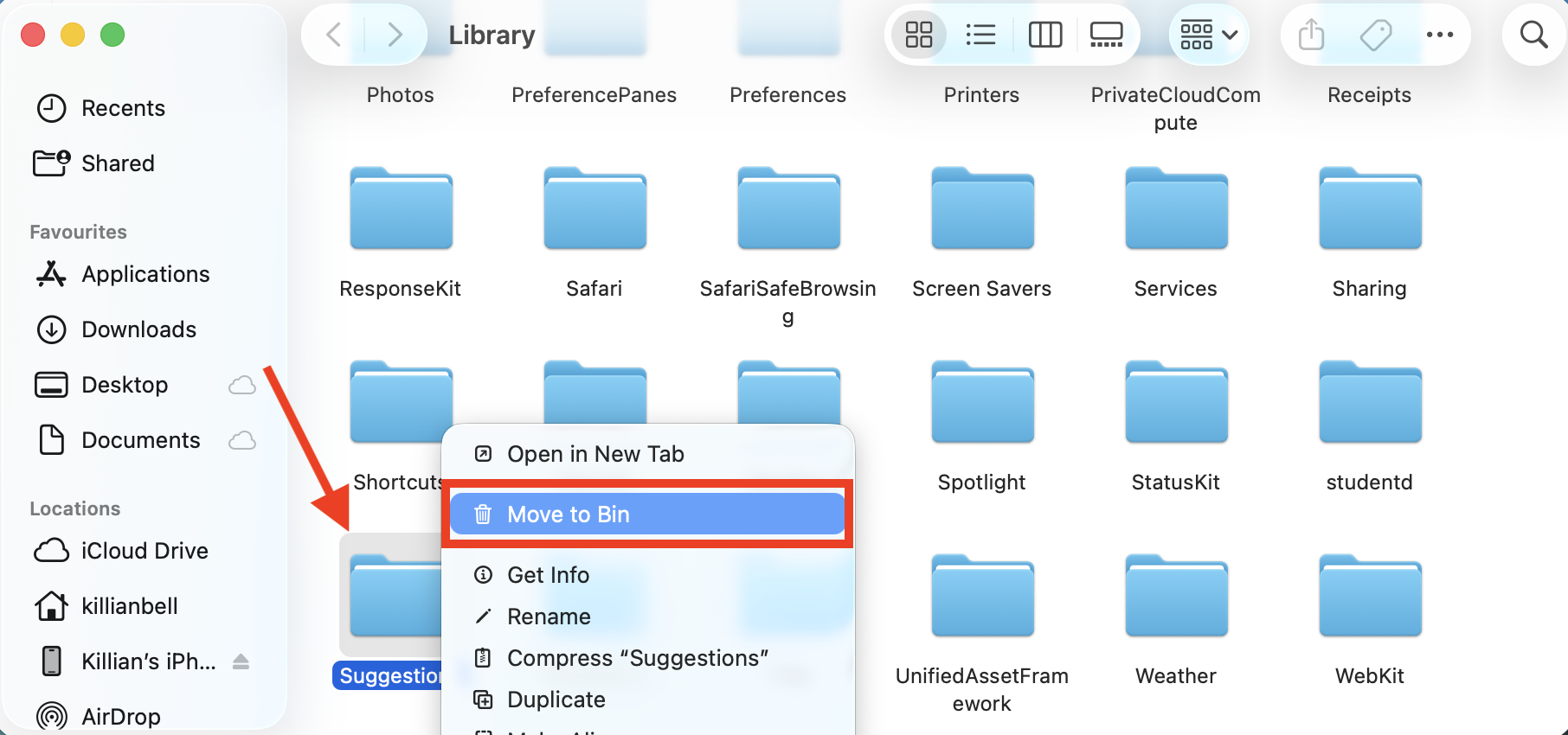 The Suggestions folder inside the Library folder on Mac. You can delete this to create a new Suggestions folder when you need to fix suggestd issues on macOS.