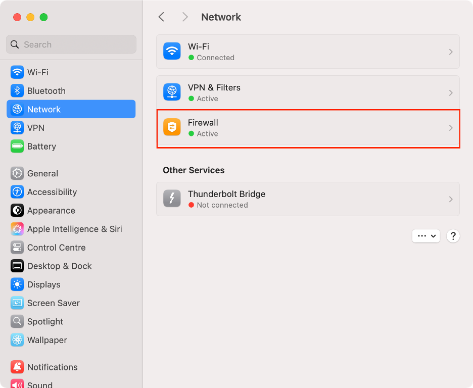 To fix firewall conflicts with your Mac’s privacy preferences, click Network and select Firewall.