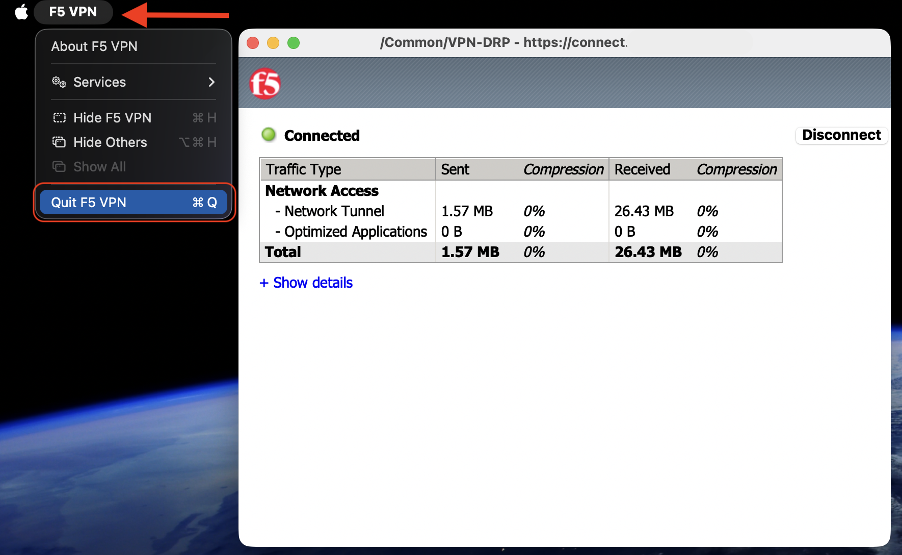 VPN app menu on a MacBook showing the Quit option next to the Apple logo, the first step to disable the VPN and test CPU usage on macOS.