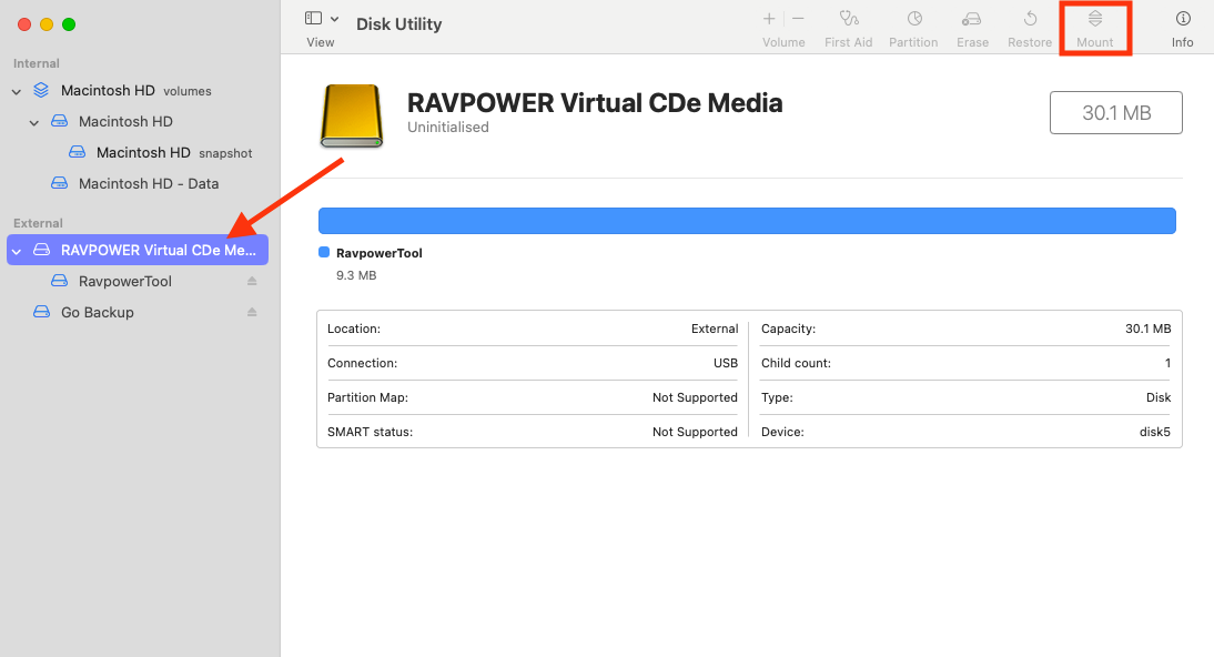 The Mount option for an external storage drive in Disk Utility on Mac. To see USB devices in macOS, first mount them in Disk Utility, then access them through Finder.