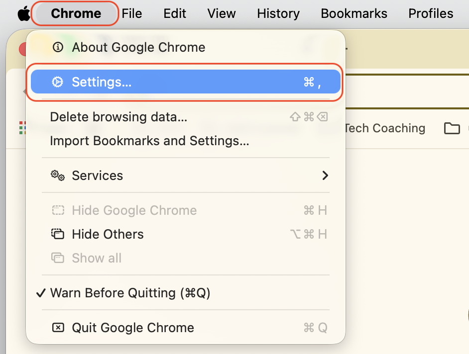Google Chrome menu on a MacBook with the Settings option selected to access search engine and startup options changed by Chromium.