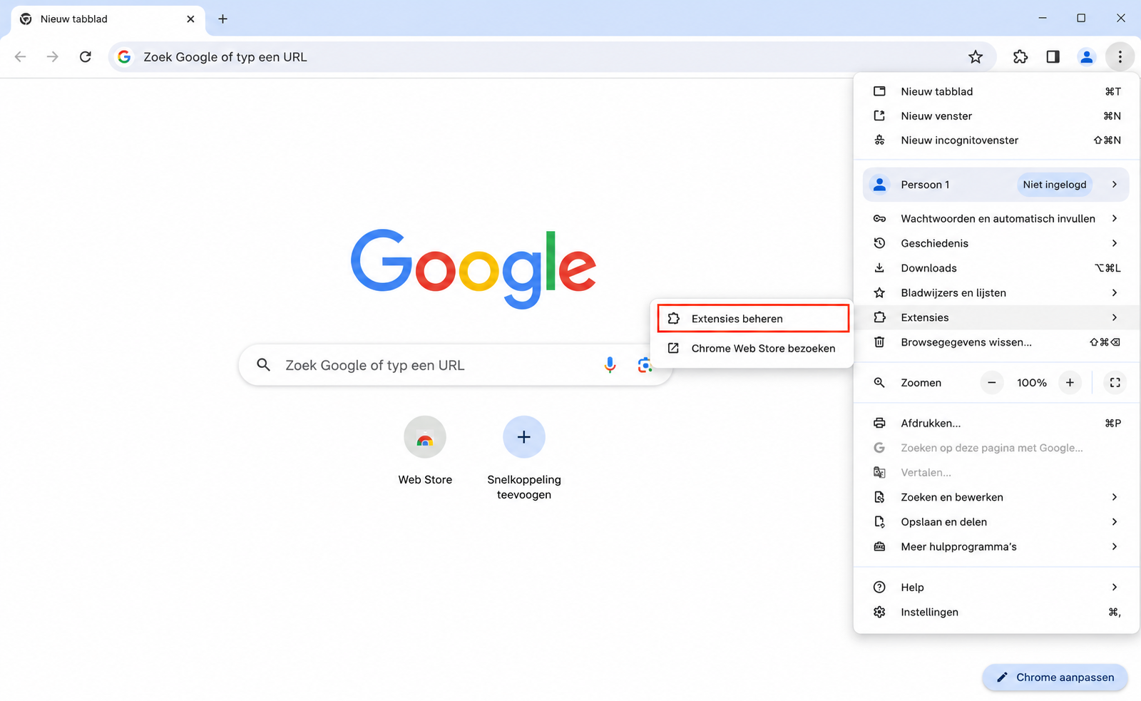 Chrome met het menu geopend en ‘Extensies beheren’ gemarkeerd. Dit maakt deel uit van een handleiding over hoe je extensies verwijdert om valse McAfee pop-ups op een Mac te stoppen.