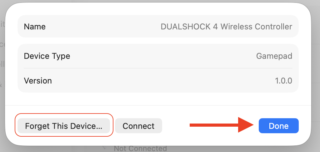 macOS Bluetooth device panel on a MacBook with Forget This Device selected to stop background connections that raise bluetoothd CPU.