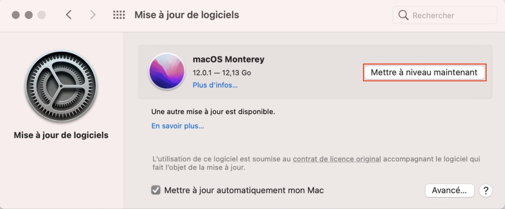 Fenêtre Mise à jour de logiciels. La case Mettre à niveau maintenant, encadrée en rouge, permet de passer à la version la plus récente de macOS. Fenêtre Mise à jour de logiciels. La case Mettre à niveau maintenant, encadrée en rouge, permet de passer à la version la plus récente de macOS.