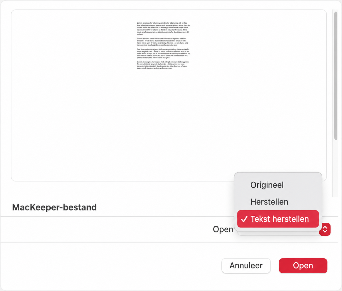 Selecteer vervolgens Bestand > Openen in de Word-menubalk. Gebruik vervolgens rechtsonder in het venster het vervolgkeuzemenu 'Openen' om 'Tekst herstellen' te selecteren.