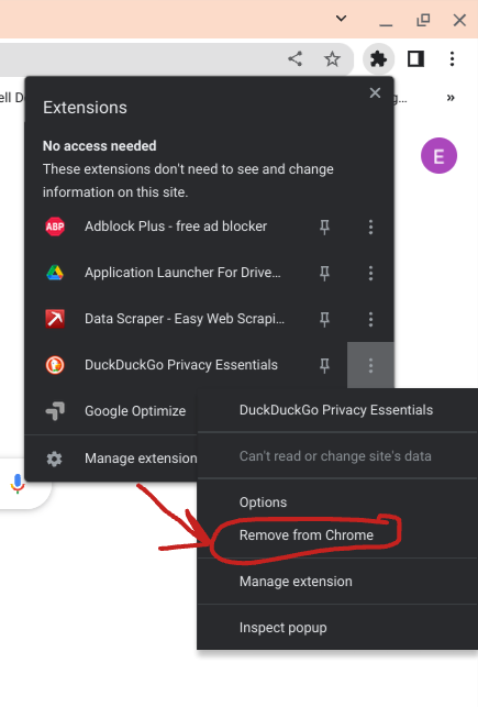 Select the three-dot menu to the right of the DuckDuckGo extension and click Remove from Chrome to get rid of it in the Chrome browser.