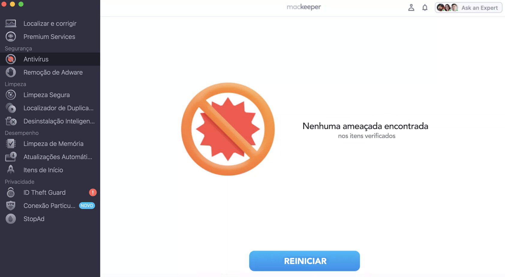Antivírus do MacKeeper, após uma verificação ter sido concluída e nenhuma ameaça ter sido encontrada. Como executar uma verificação de vírus, parte de um guia sobre como parar pop-ups falsos do McAfee no Mac.
