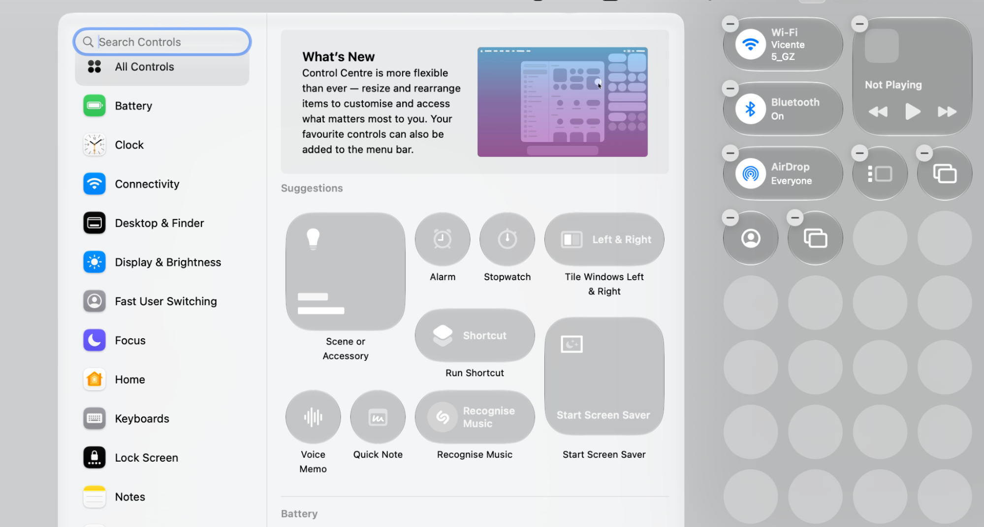 Control Centre customisation in macOS Tahoe with the All Controls list and Suggestions, letting you add controls on your Apple computer.
