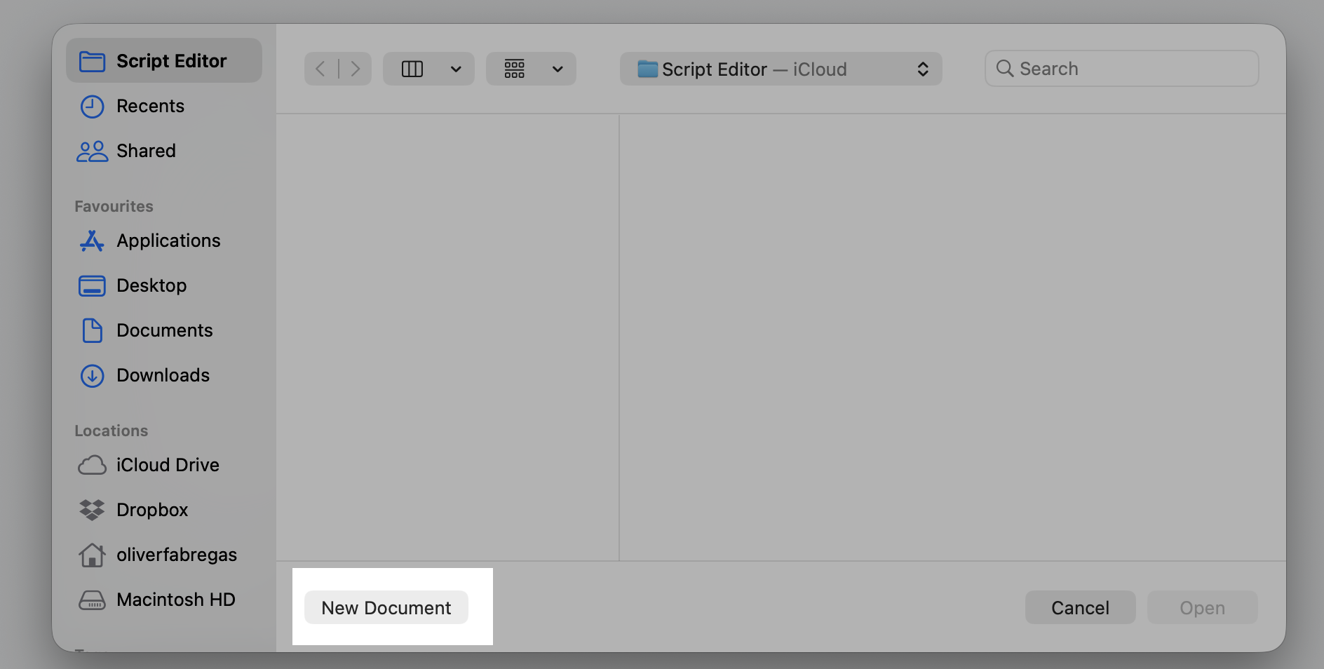 Script Editor open dialog on a MacBook showing the New Document button, the starting point for writing a shutdown timer script on macOS.