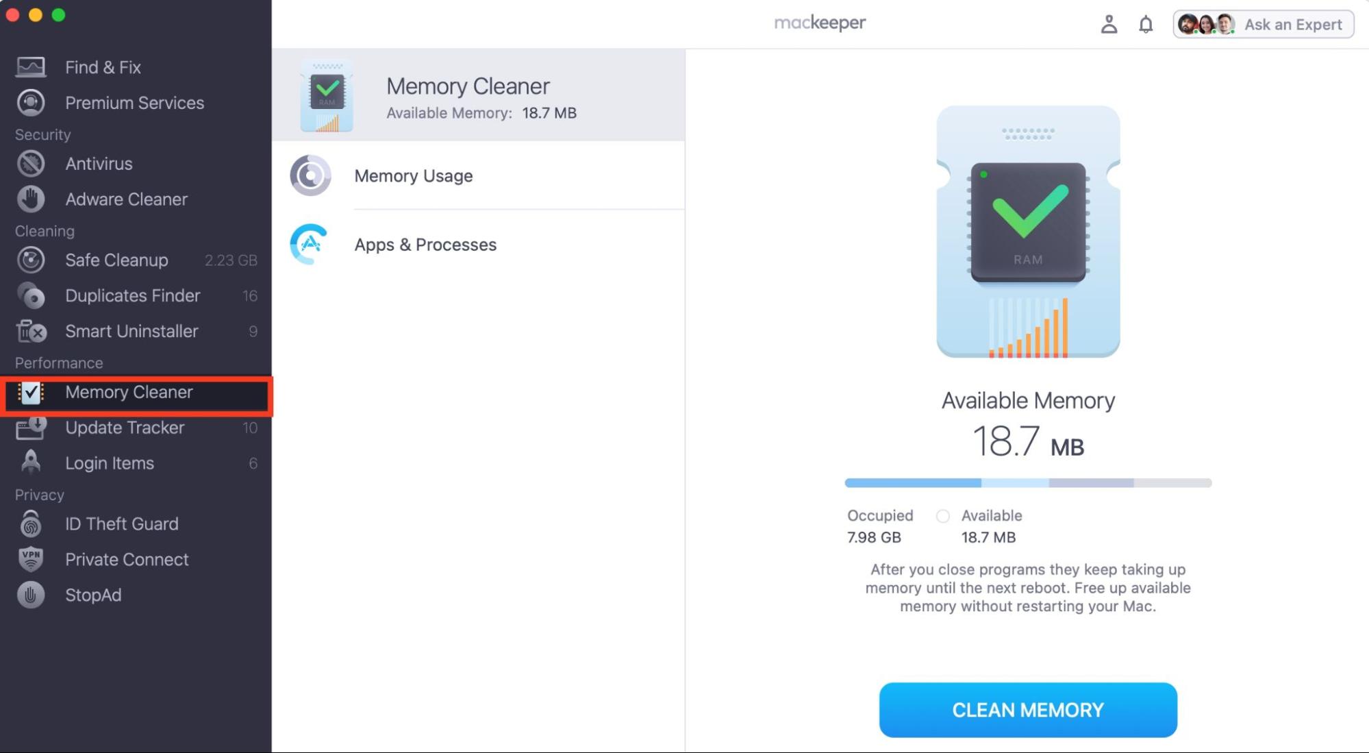 MacKeeper is open on a MacBook laptop. Select Memory Cleaner in the sidebar under the Performance section to stop Chronod on Mac.