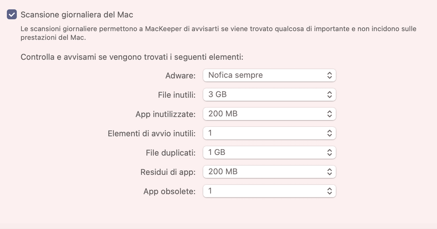 MacKeeper su Mac mostra le Opzioni di scansione nel menu delle impostazioni. Attiva l’opzione Scansione giornaliera del Mac, poi seleziona le preferenze.