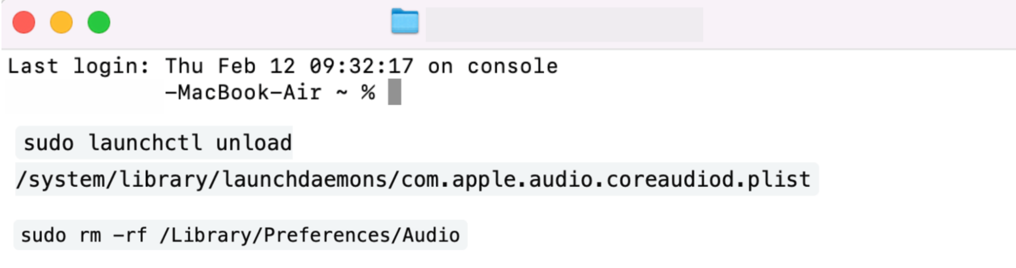 Next, you’ll need to delete the existing Audio folder, which you can do by entering the following command and hitting Enter: sudo rm -rf /Library/Preferences/Audio.