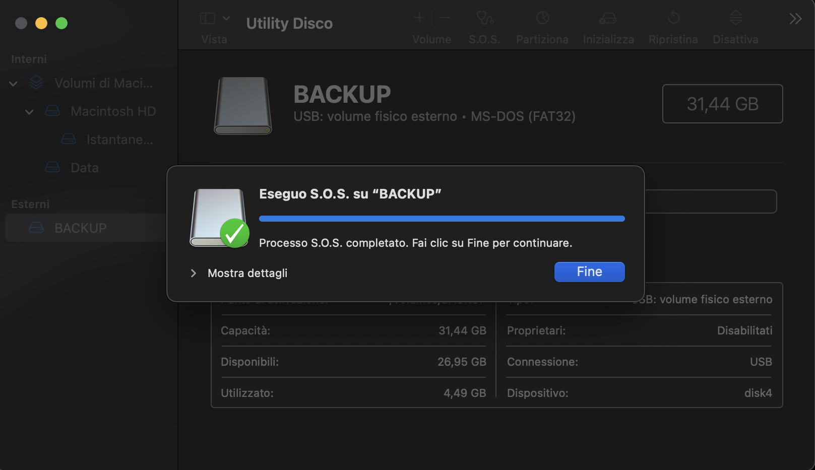 Attendi il completamento della scansione di Utility Disco. Se rileva un problema che può essere risolto, S.O.S. lo farà. Puoi anche cercare maggiori informazioni sul processo espandendo la sezione Mostra dettagli.