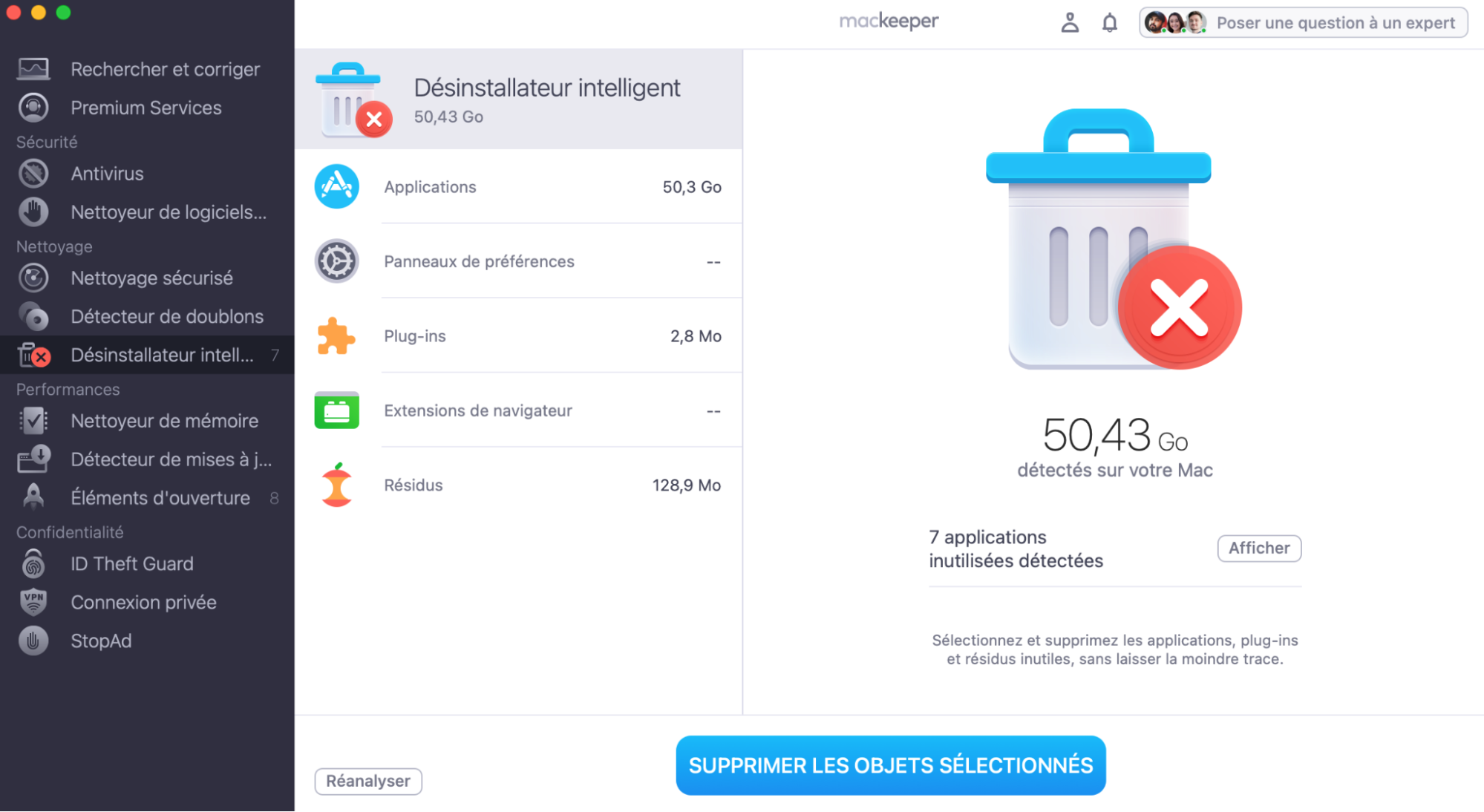 Le Désinstallateur intelligent de MacKeeper permet aux utilisateurs de Mac d’éliminer les programmes et fichiers résiduels qui occupent trop d’espace sur leur appareil. MacKeeper peut aussi supprimer les widgets, modules complémentaires et extensions de navigateurs indésirables pour vous aider à améliorer les performances de votre ordinateur et récupérer de l’espace disque.