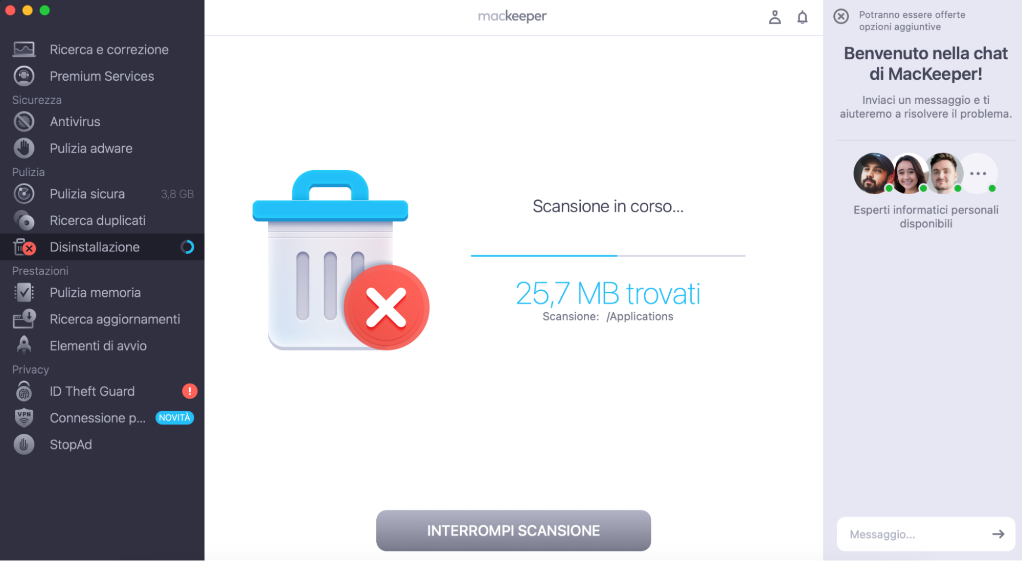 Per iniziare, avvia l'app MacKeeper sul tuo Mac e clicca sulla funzione Smart Uninstaller dal menu a sinistra. Quindi clicca su Avvia scansione.