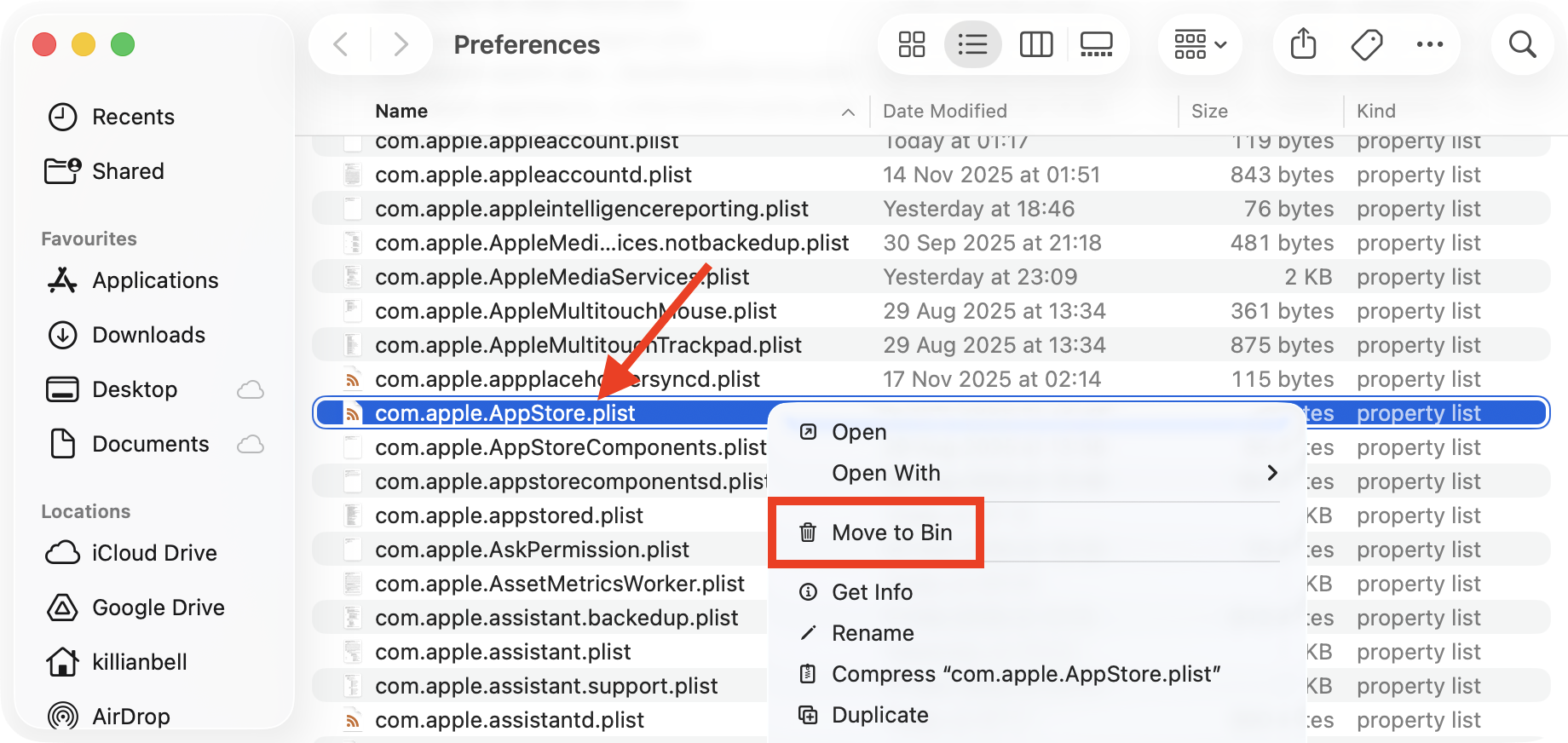 An App Store preferences file in Finder on Mac. Delete all App Store files to reset App Store preferences when you see the NSURLErrorDomain error -1012 message.