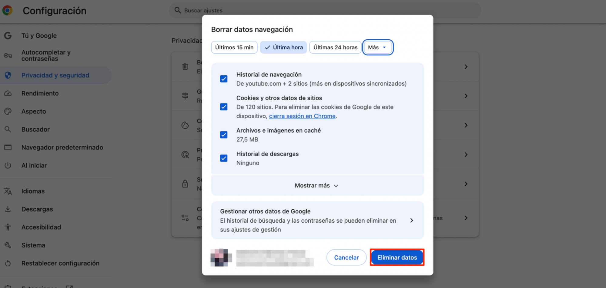 La opción Borrar datos de navegación de Chrome, con Borrar datos resaltado. Cómo restablecer Chrome, como parte de una guía sobre cómo eliminar las ventanas emergentes falsas de McAfee en Mac.
