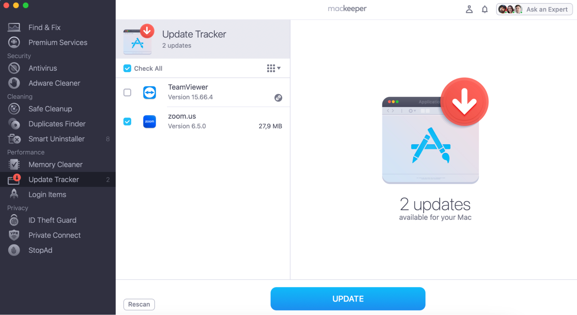 To continue with the app update on your Mac, choose the required app you want to update after the scan and click on the Update button.