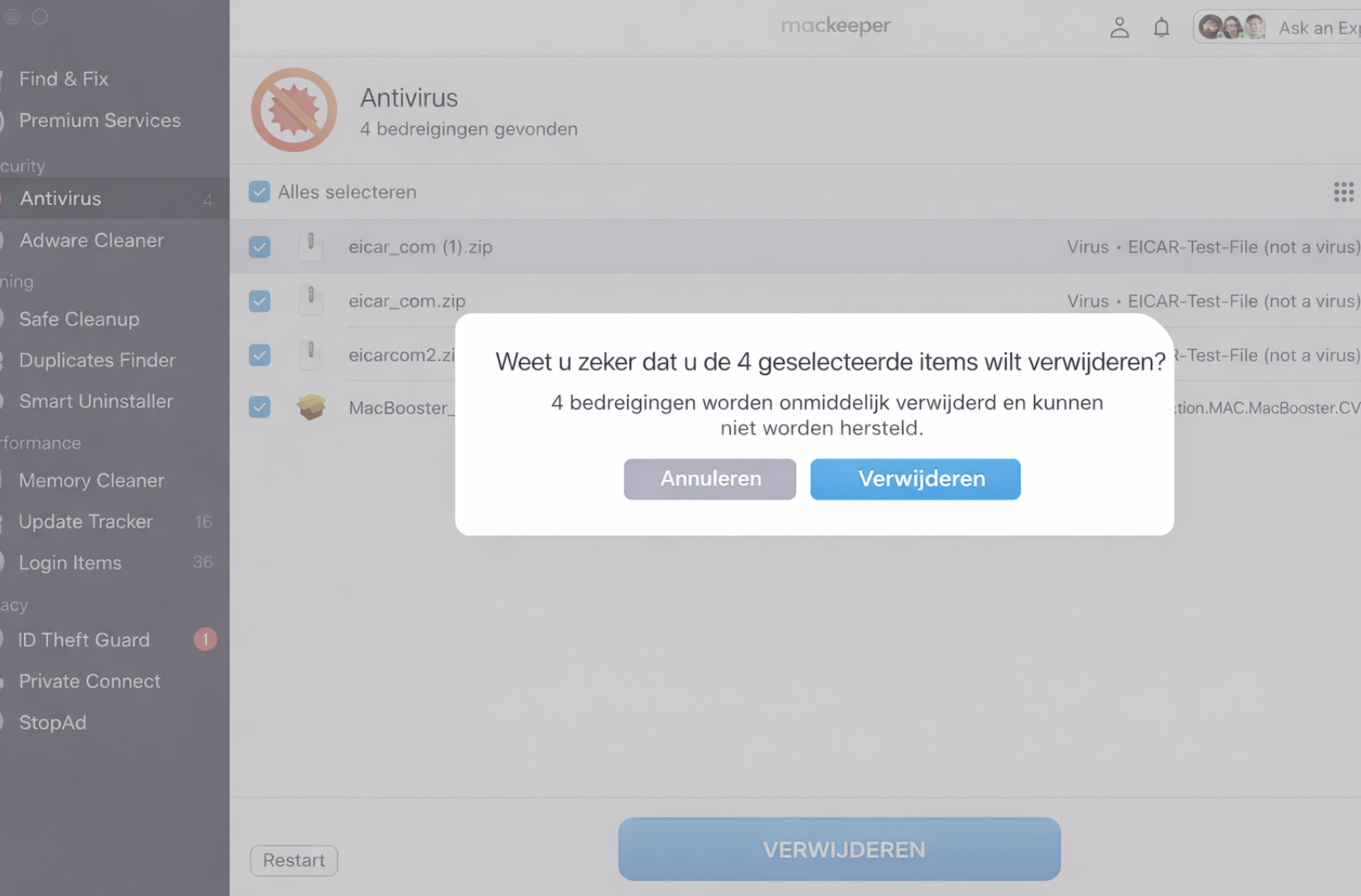 Als MacKeeper iets verdachts vindt, bekijk dan de resultaten, selecteer wat u wilt verwijderen en klik op Verwijderen. Klik in het pop-upvenster opnieuw op Verwijderen.