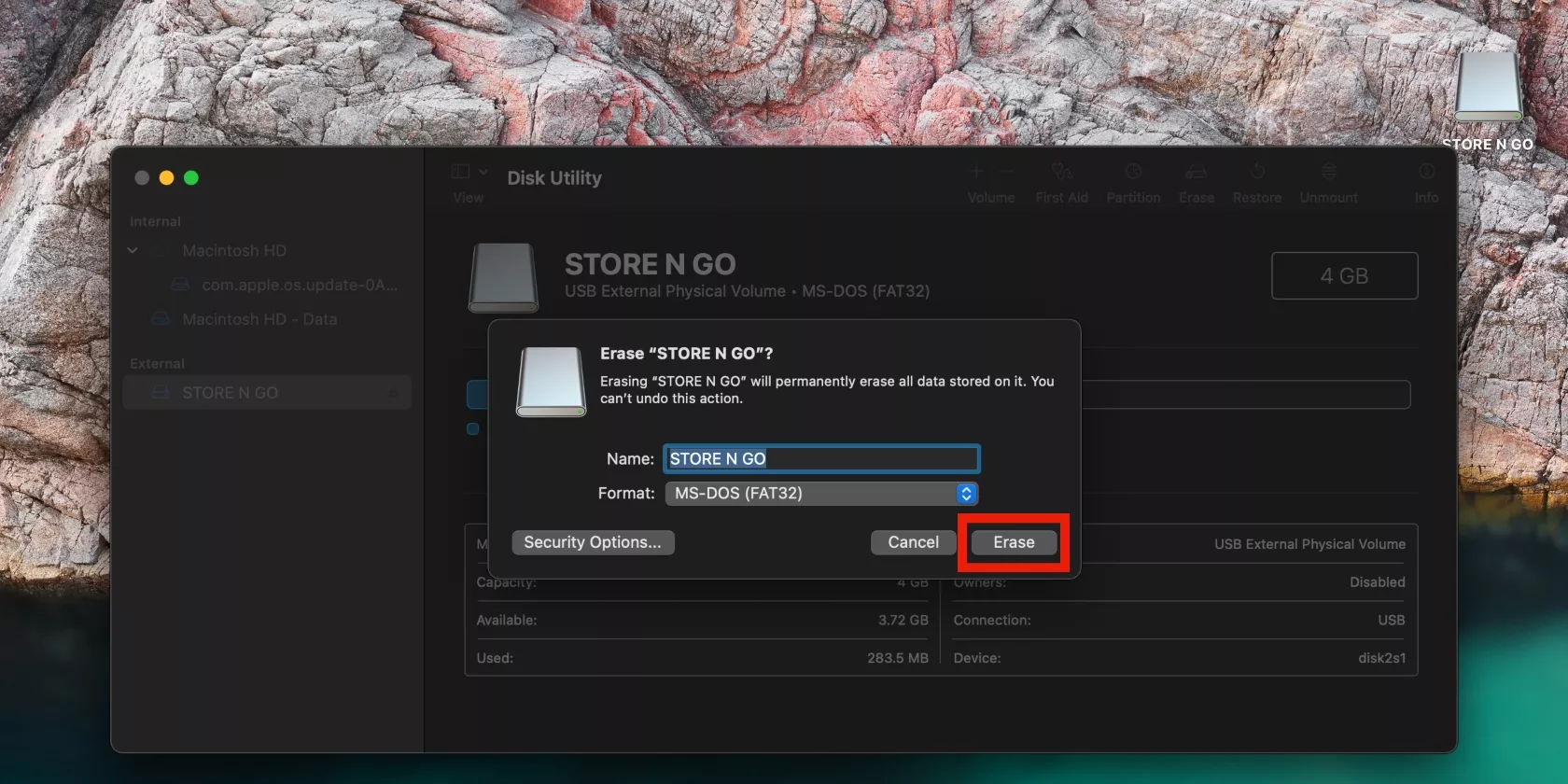 Disk utility is opened on a MacBook. Review your disk details and then click on Erase to reformat it when it’s not readable by your computer.
