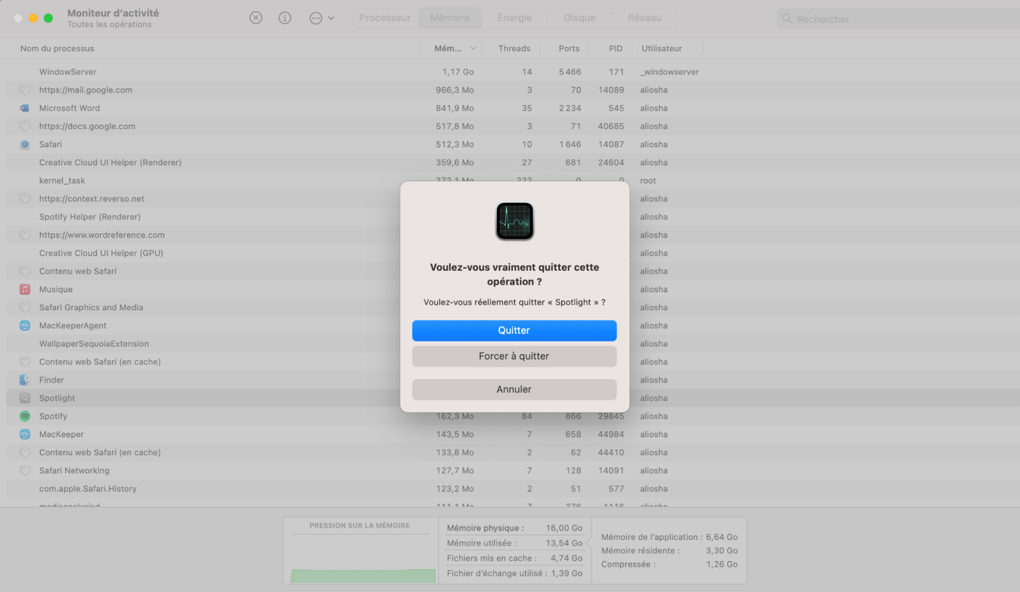 Si une opération qui vous semble suspecte ou ne vous est pas familière utilise un large pourcentage de la capacité du processeur, cliquez sur le bouton X et sur Forcer à quitter.