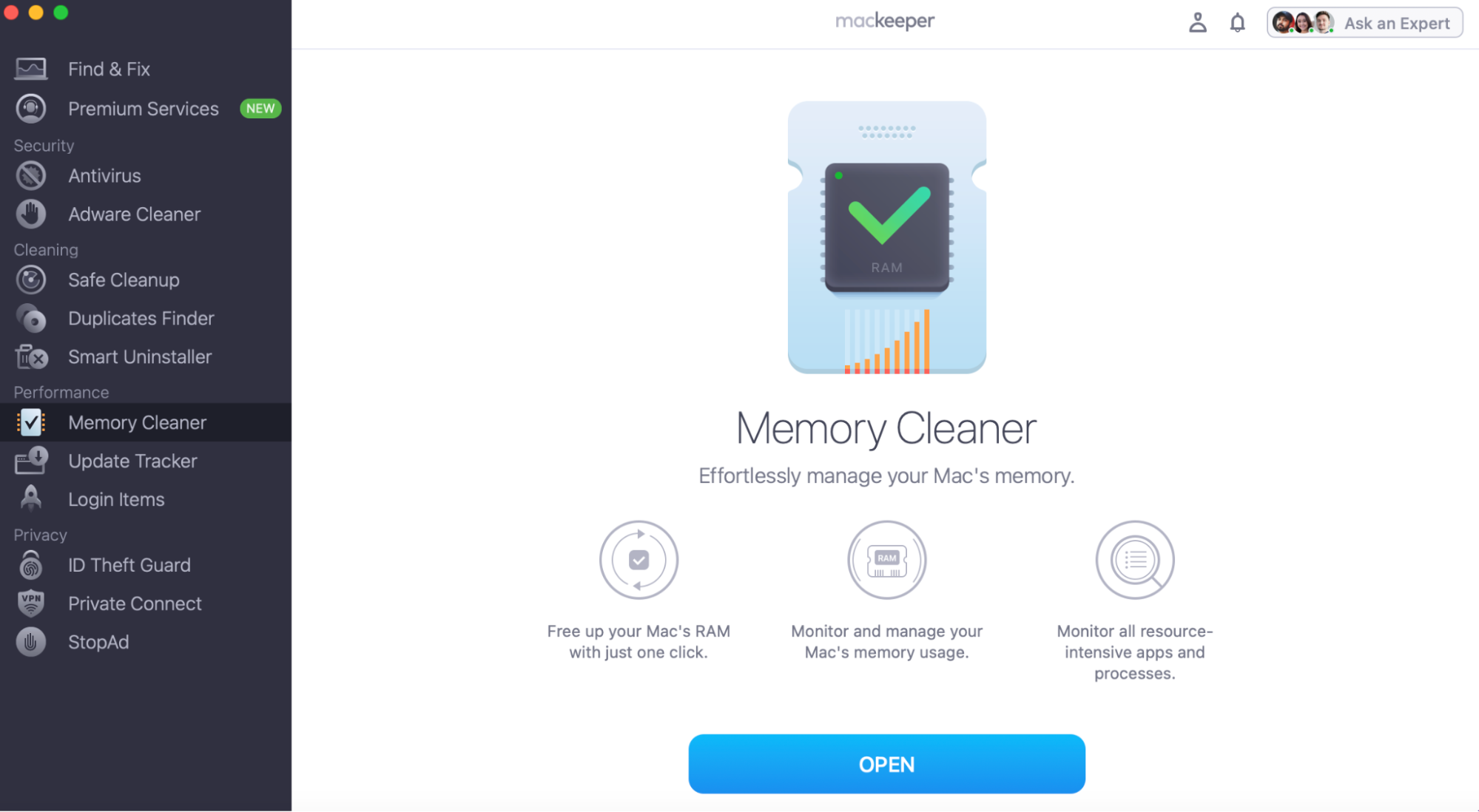 To keep your Mac optimized and smooth, clean its memory. Run Mackeeper and select Memory Cleaner, followed by the Open button.